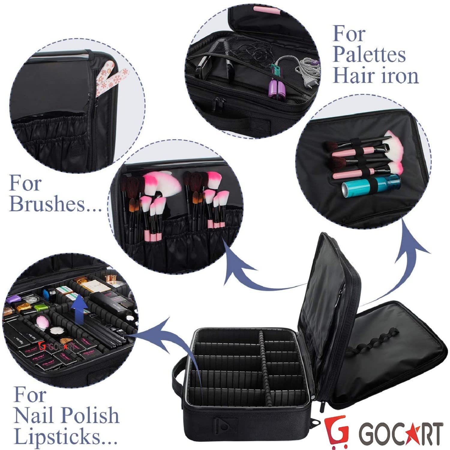 GOCART WITH G LOGO 18 Inch Black Train Case Makeup Organizer - Adjustable Dividers, Vanity Storage Box for Cosmetics & Beauty Tools | Perfect for Travel, Salon & Home Use