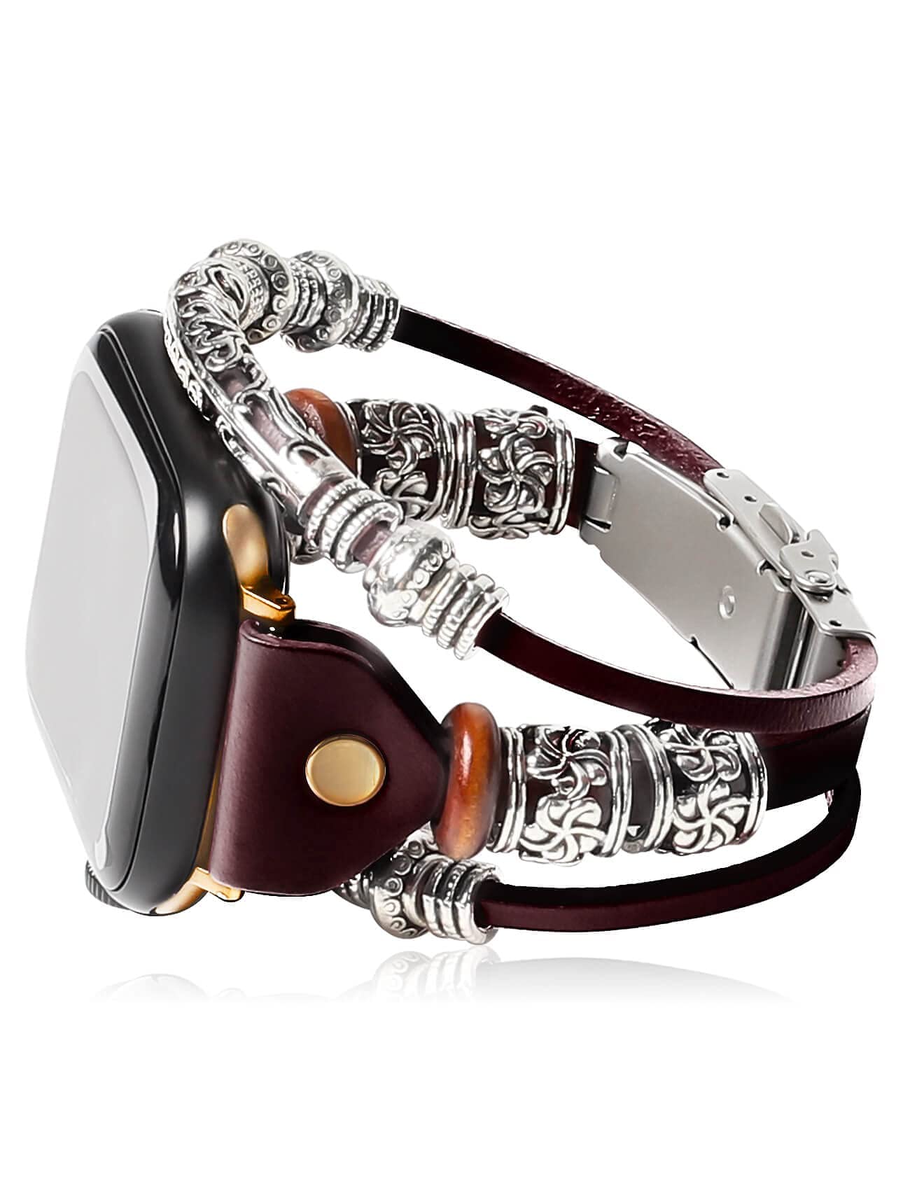Boho Beaded Leather Apple Watch Band for Women - Compatible with 38mm 40mm 42mm 44mm iWatch Series - Stylish Replacement Strap for iPhone - Perfect for Casual Wear, Office & Boho Fashion Accessories