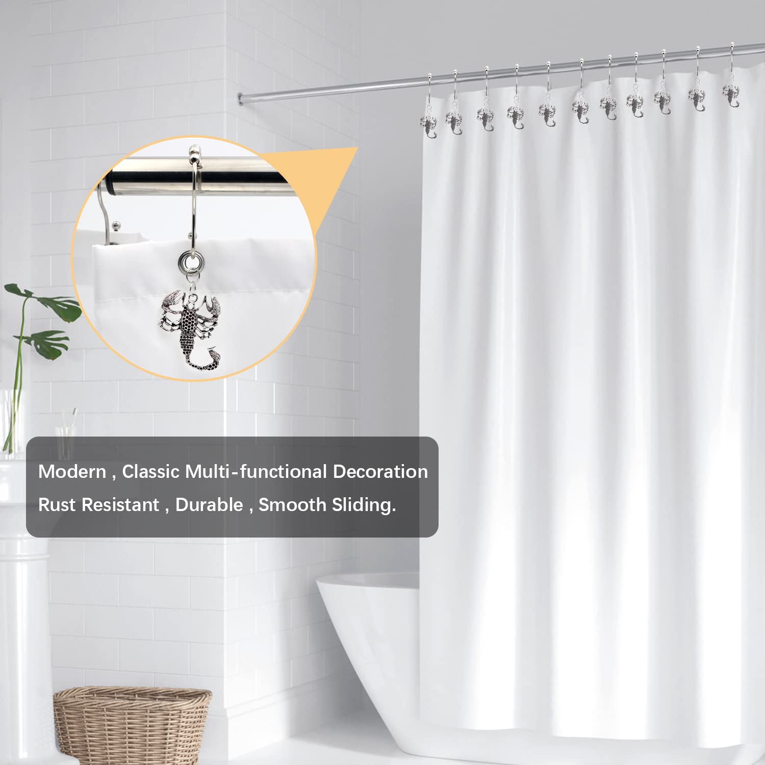 Premium Stainless Steel Shower Curtain Hooks with Scorpion Charm - 12-Pack Silver Bathroom Accessories for Ocean Theme Decor | Durable Rustproof Rings for Bath, Kids Room & Coastal Style Homes