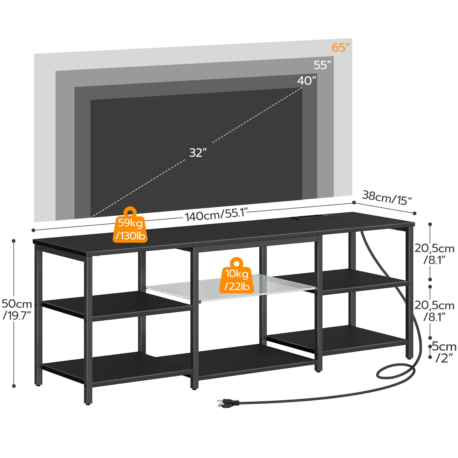 HOOBRO 65 Inch LED TV Stand with Charging Station, 3-Tier Open Storage Gaming Entertainment Center, Long Media Console Table for Living Room & Bedroom - Black BB20UDDS01 | Perfect for Home Theater Setup & Gaming Stations