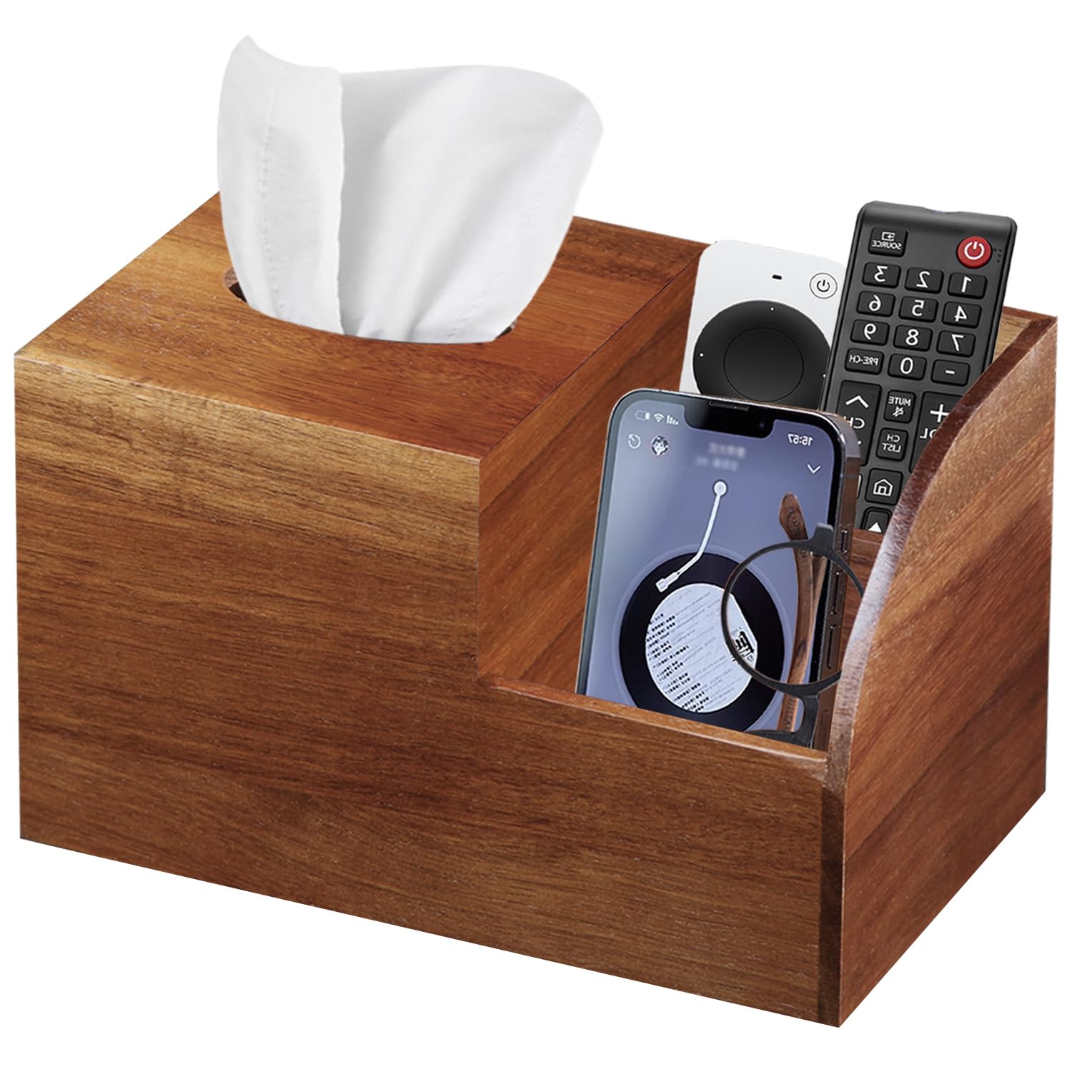 Wooden Square Tissue Box Cover with Storage Grid - Multi-Functional Tissue & Remote Control Holder - Decorative Facial Tissue Organizer for Desk, Nightstand, Bathroom - Perfect for Home, Office & Gift Giving