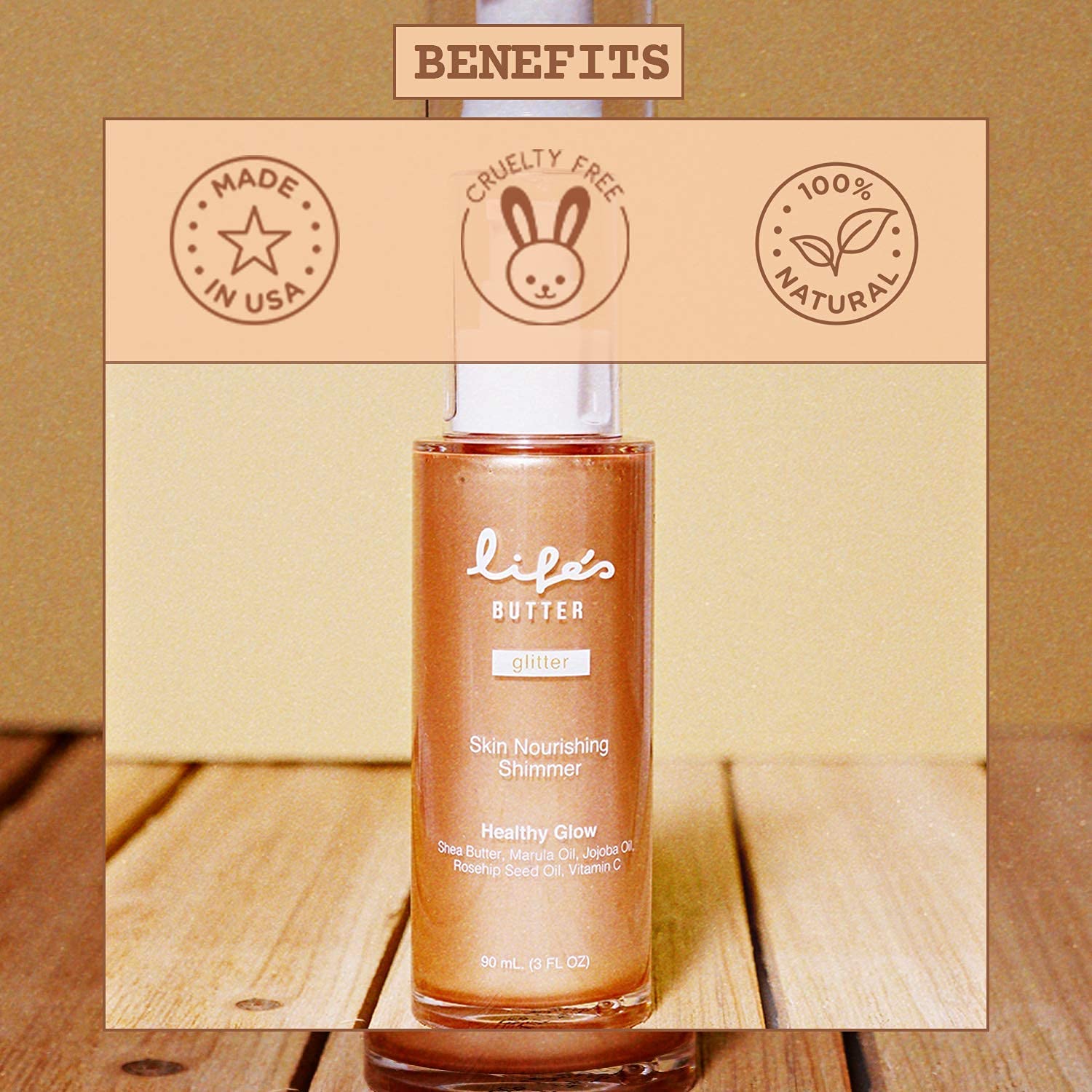 Life's Butter Face & Body Shimmer - Healthy Waterproof Moisturizing Glow with Shea Butter, Marular Oil, Jojoba Oil & Vitamin C | Glistening Bronze | 3 Fl Oz | Perfect for Summer Tanning, Beach Days & Night Out Glow