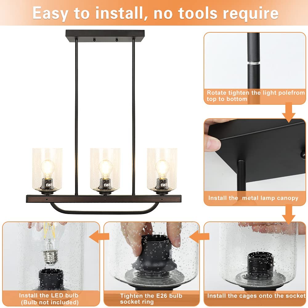 Depuley 3-Light Rustic Pendant Light Fixture - Farmhouse Black Chandelier with Adjustable Glass Shade, 24