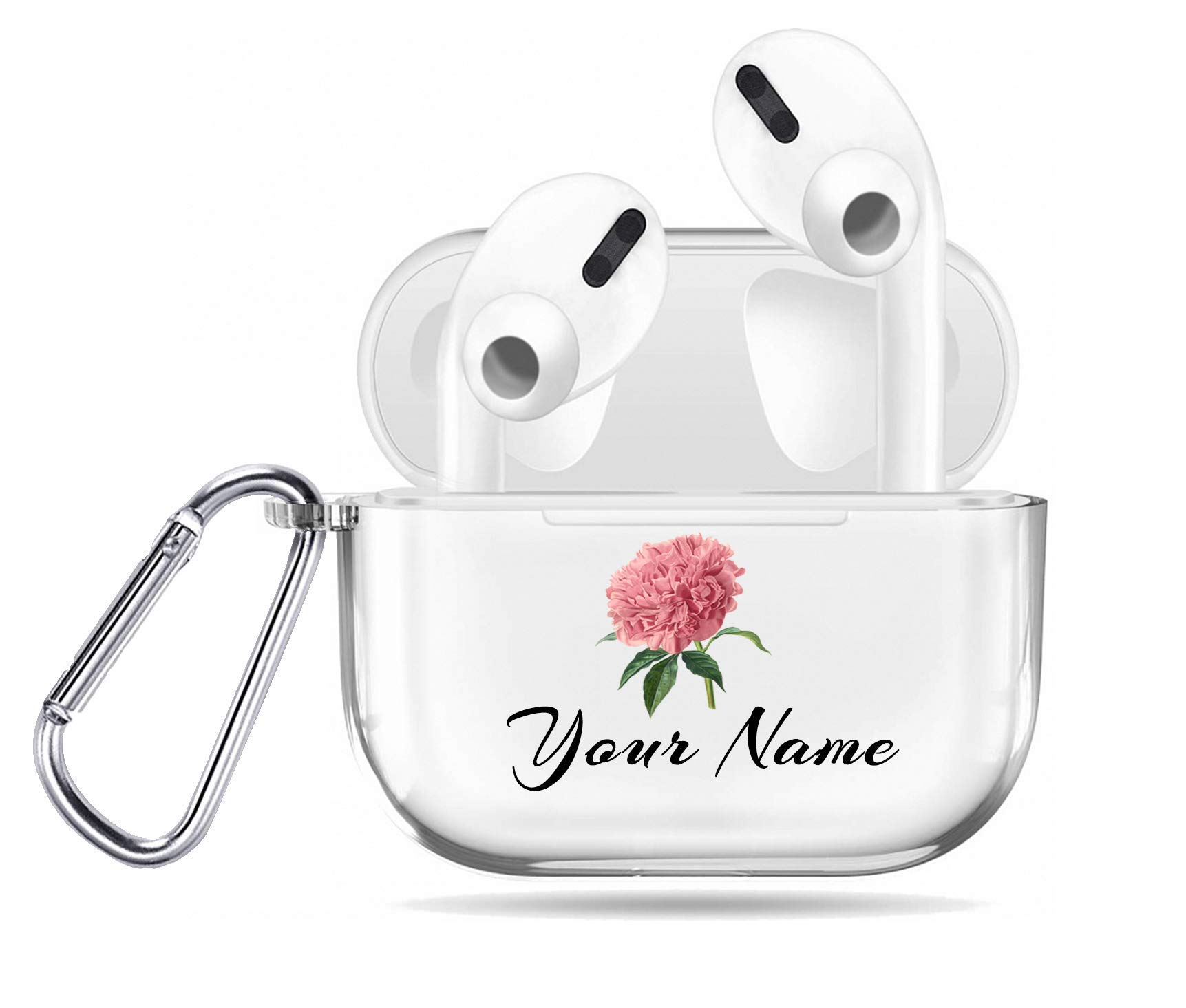 Personalized Pink Peony Flower AirPods Case with Keychain - Custom Name & Initials for AirPods 1/2/3/Pro - Cute Protective Cover for School, Work & Travel Accessories