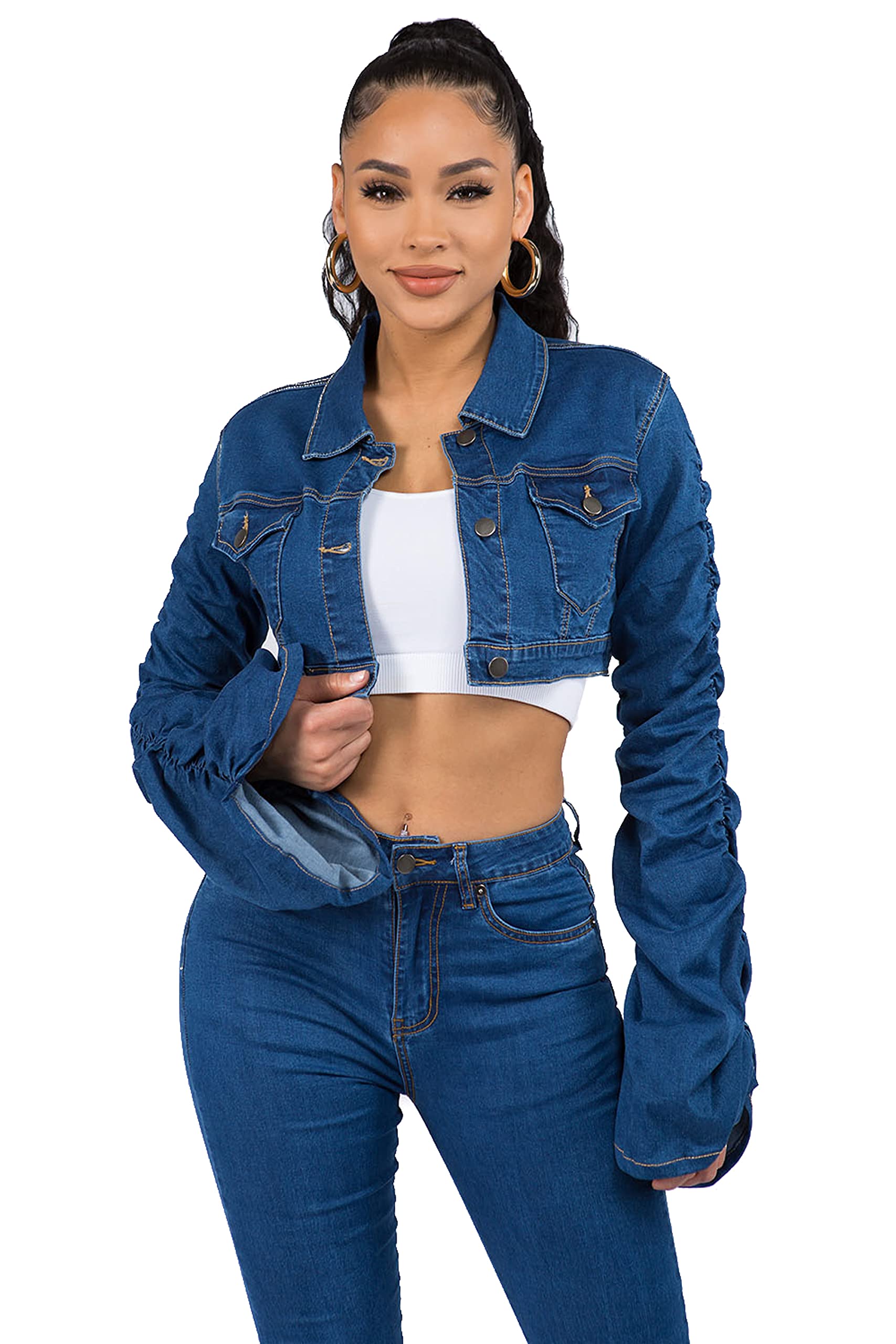 Twiin Sisters Women's Stretch Distressed Denim Jacket - Button Down Long Sleeve Casual Cropped Jean Jacket for Women | Perfect for Fall Layering, Streetwear & Everyday Outfits