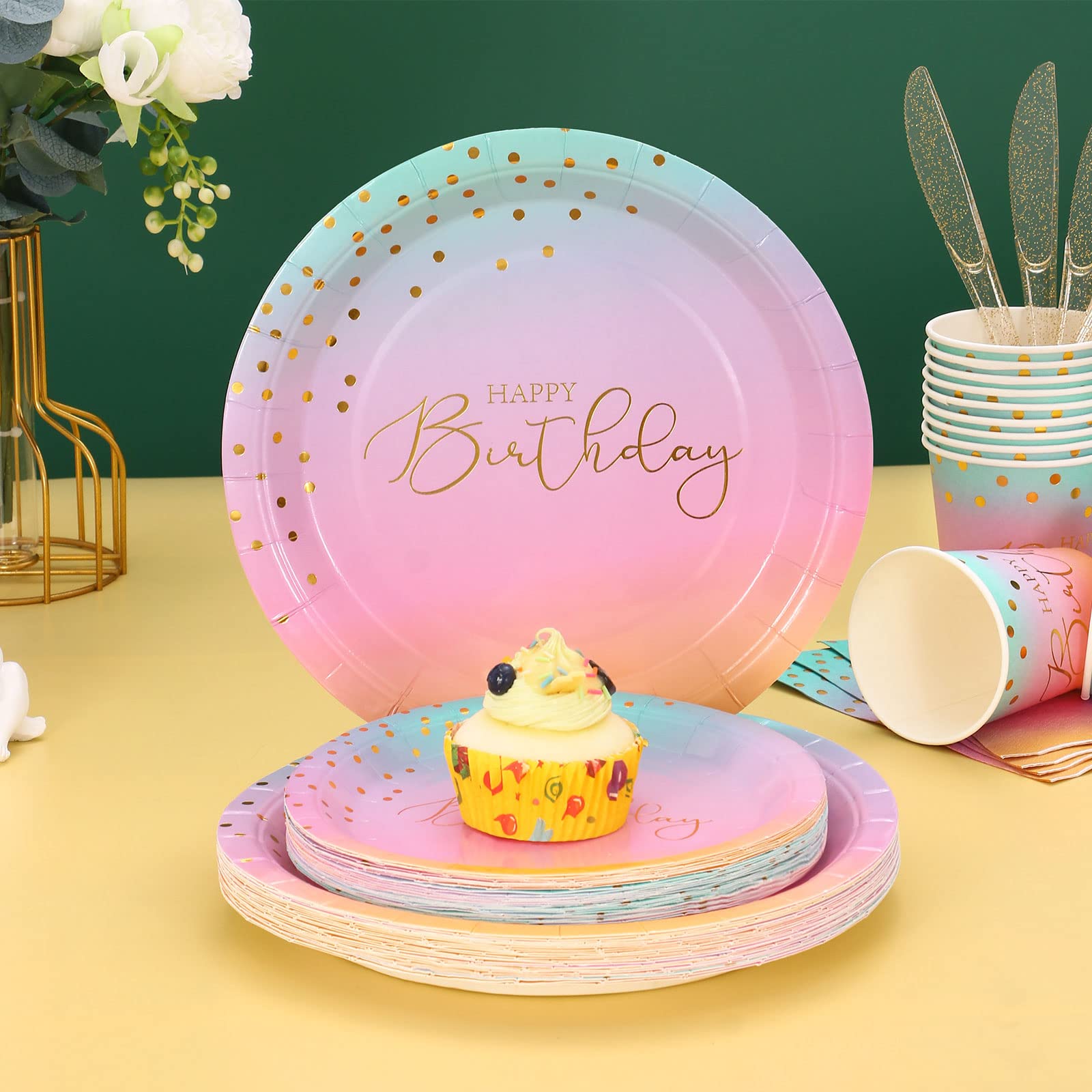 Pastel Rainbow Birthday Party Supplies for Girls - 25-Piece Disposable Plates, Cups & Napkins Set - Perfect for Kids Birthday Parties, Baby Showers & Themed Celebrations
