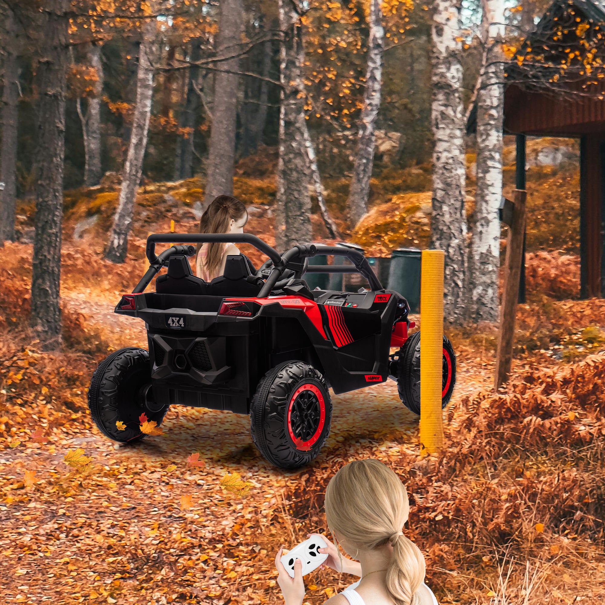GARVEE 24V Kids Ride On UTV - 2 Seater 4WD Electric Truck with Parent Remote Control, High/Low Speed Modes, LED Lights & Music Player | All-Terrain 4 Wheel Shock Absorption | Perfect for Outdoor Play, Backyard Adventures & Birthday Gifts (Red)