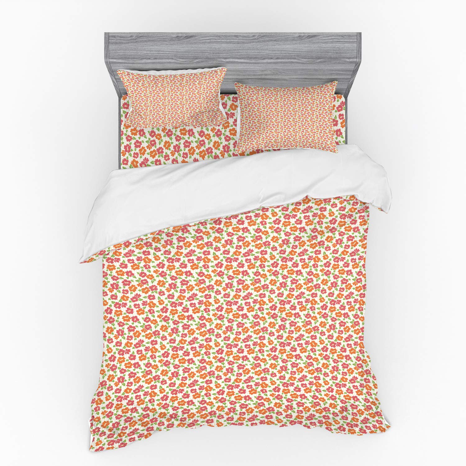 Ambesonne Floral Bedding Set - Queen Size 4-Piece Duvet Cover Set with Shams & Fitted Sheet, Leaves and Flowers Ornate Design in Ivory Coral Salmon - Perfect for Master Bedroom, Guest Room & Cozy Home Decor