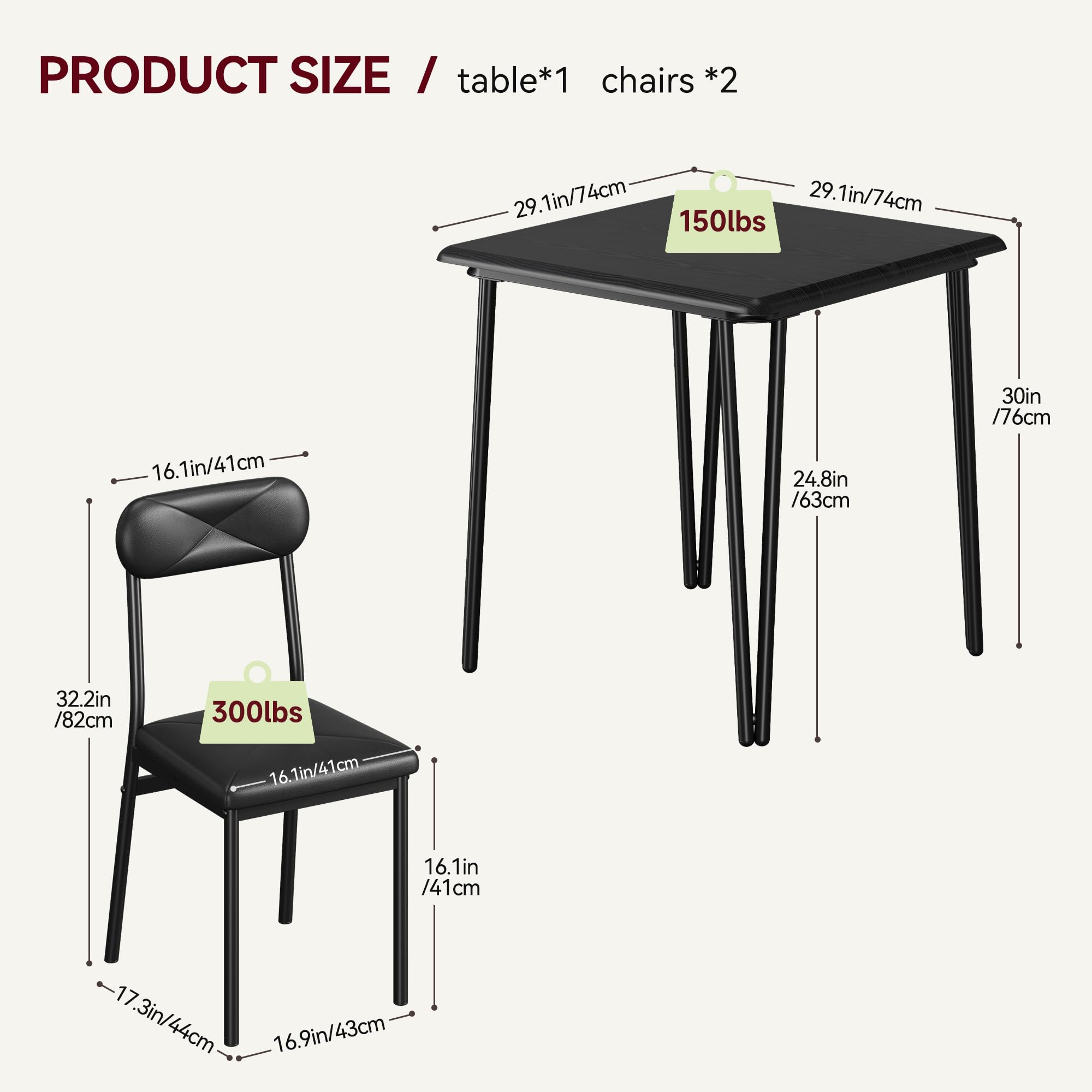 Modern Small Square Dining Table Set for 2 - Space Saving Wooden Kitchen Table with 2 Upholstered Chairs - Dark Finish Breakfast Nook Furniture for Small Apartments, Condos & Cozy Dining Spaces