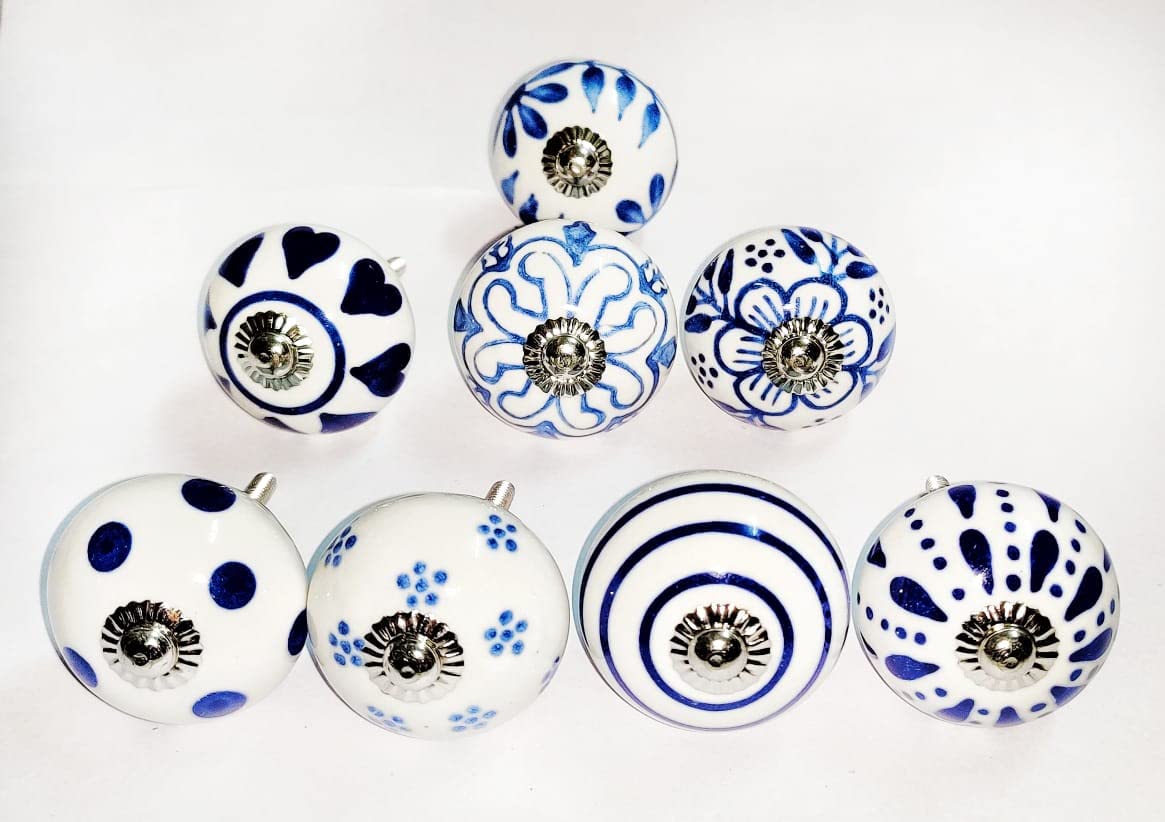 Handmade Ceramic Knobs Set of 8 - Blue Cabinet Pulls for Bathroom, Bedroom & Kitchen
