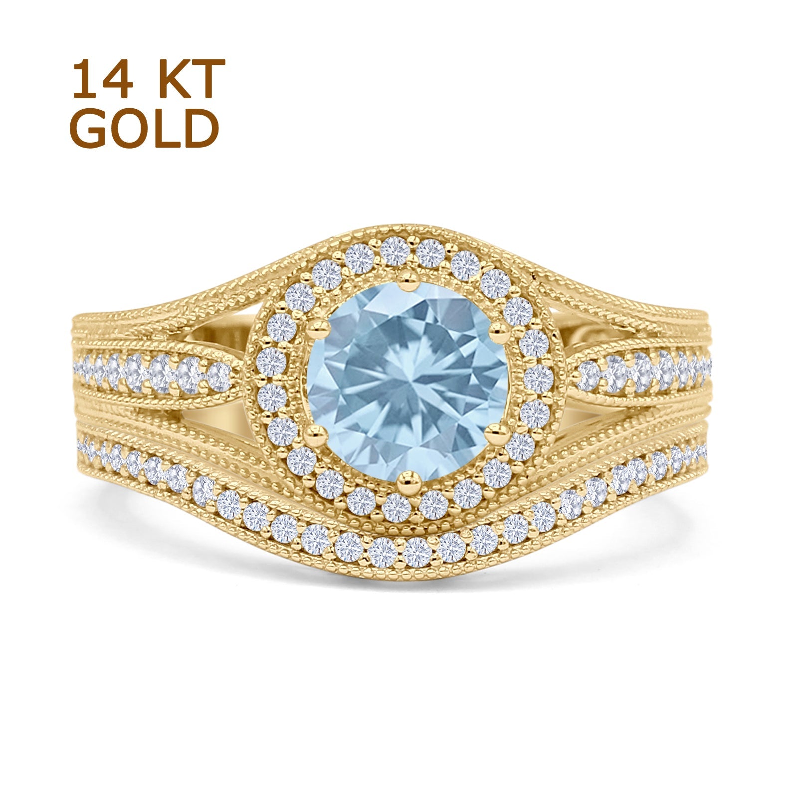 14K Yellow Gold Two-Tone Round Halo Split Shank Curved Contour Band Aquamarine Cubic Zirconia Ring - Elegant Wedding, Anniversary, or Engagement Jewelry Gift for Her