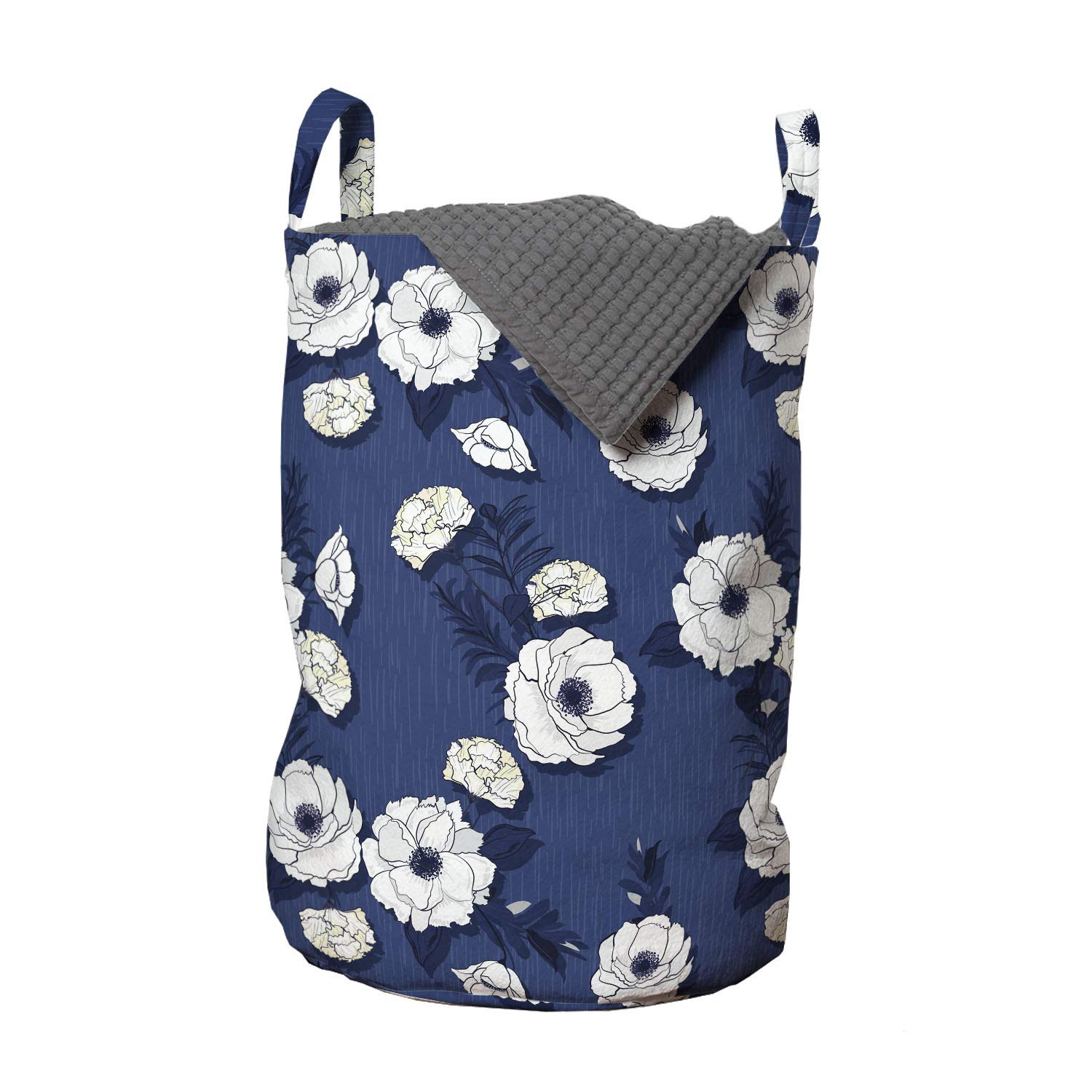 Ambesonne Floral Laundry Bag with Handles & Drawstring Closure - Blooming Clove Flowers Design on Dark Blue Backdrop - 13