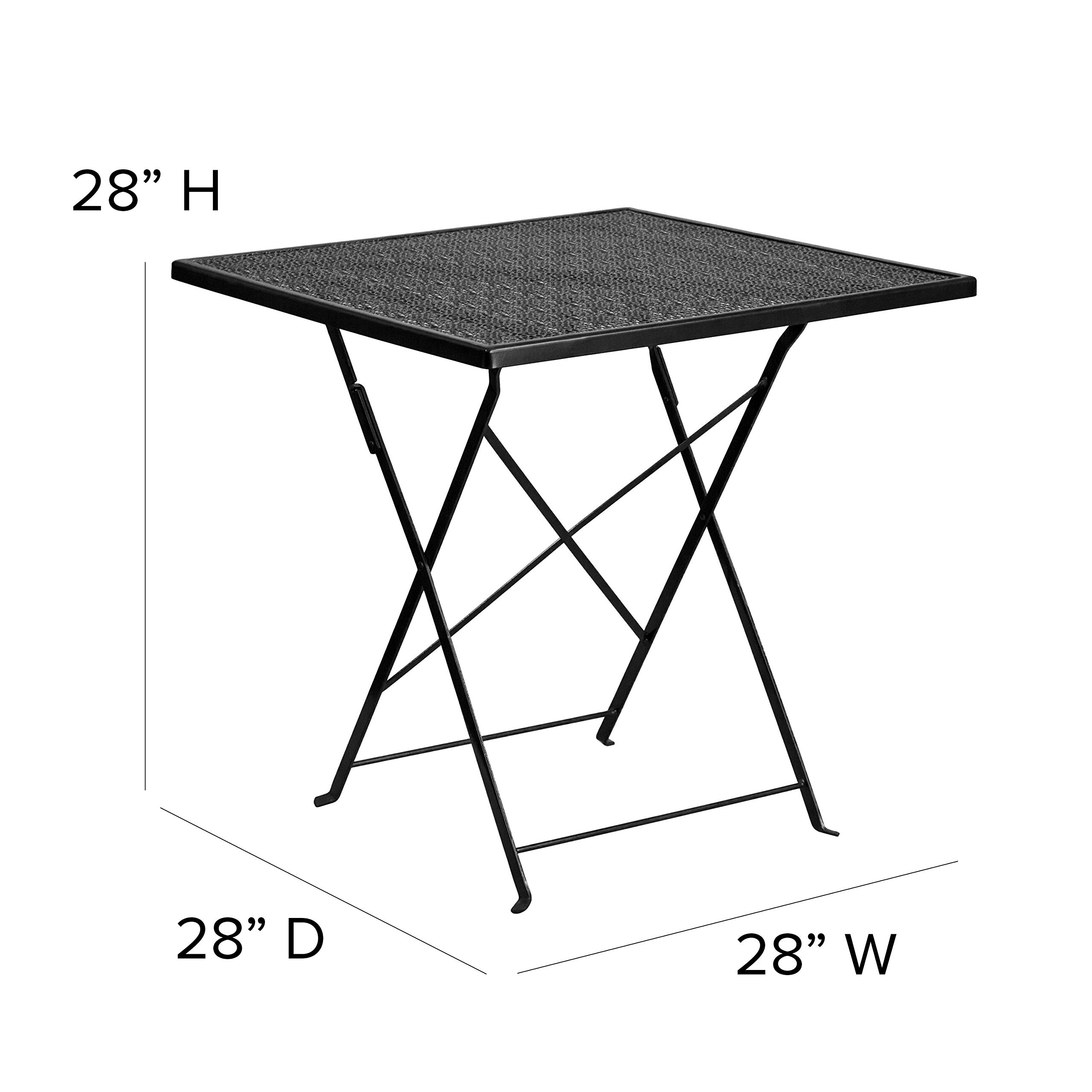 EMMA + OLIVER 28 Inch Square Black Steel Folding Table - Heavy Duty Commercial Grade Indoor Outdoor Patio Dining Table for Restaurant, Cafe, Garden, and Backyard Use