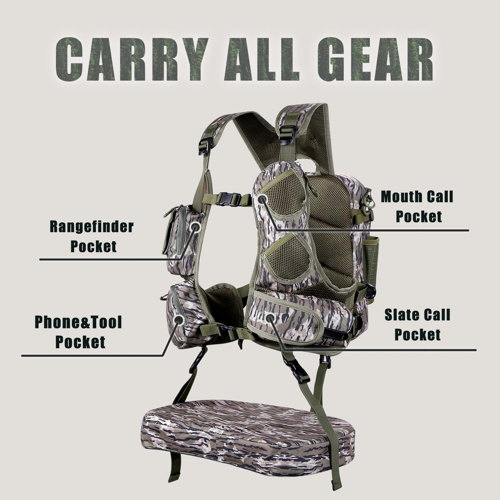 LUCKY CLOVER Turkey Hunting Vest with Seat Cushion - Comfortable Camo Vest for Turkey Hunting Gear & Accessories - Perfect for Outdoor Hunting Trips and Wildlife Adventures