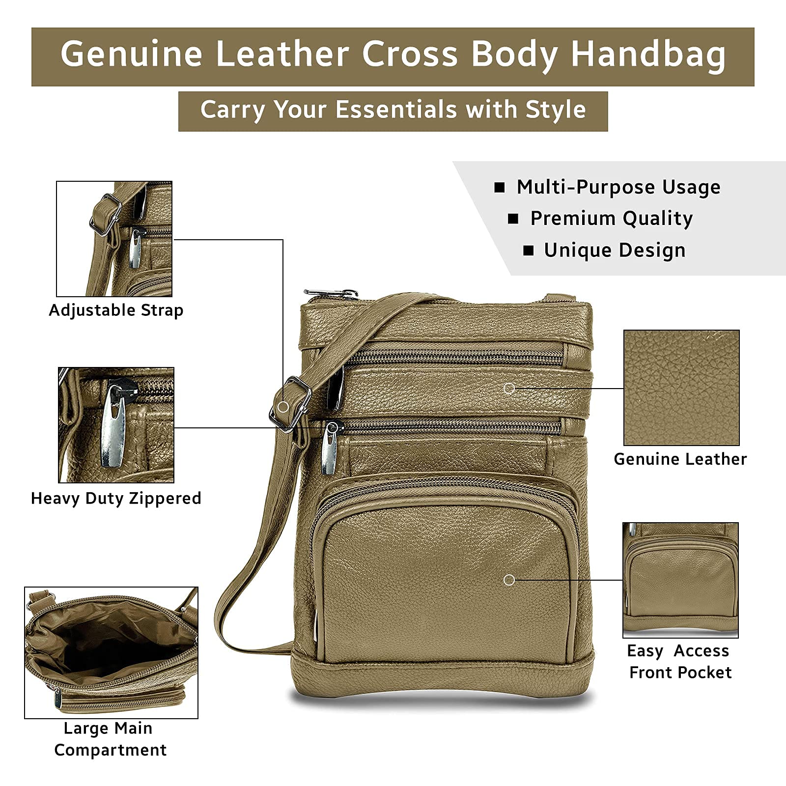 Stylish Krediz Leather Crossbody Purse for Women - Adjustable Strap Multi-Pocket Handbag | Soft & Durable Genuine Leather | Perfect for Travel, Shopping & Everyday Use