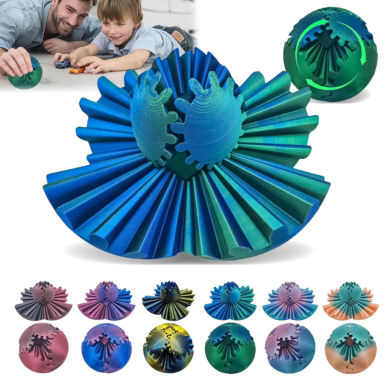 3D Printed Gear Ball Fidget Toy - Stress Relief & Anxiety Relaxation, Brain Training Desk Toy, Blue & Green Gearsphere for Adults & Kids - Perfect for Office, Home, and Travel Use