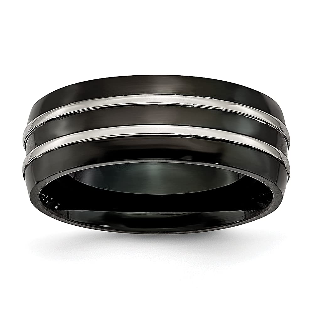 Titanium Black Plated Brushed 8mm Grooved Wedding Band Ring for Women - Elegant Fashion Jewelry Gift for Her, Perfect for Anniversaries, Engagements & Special Occasions