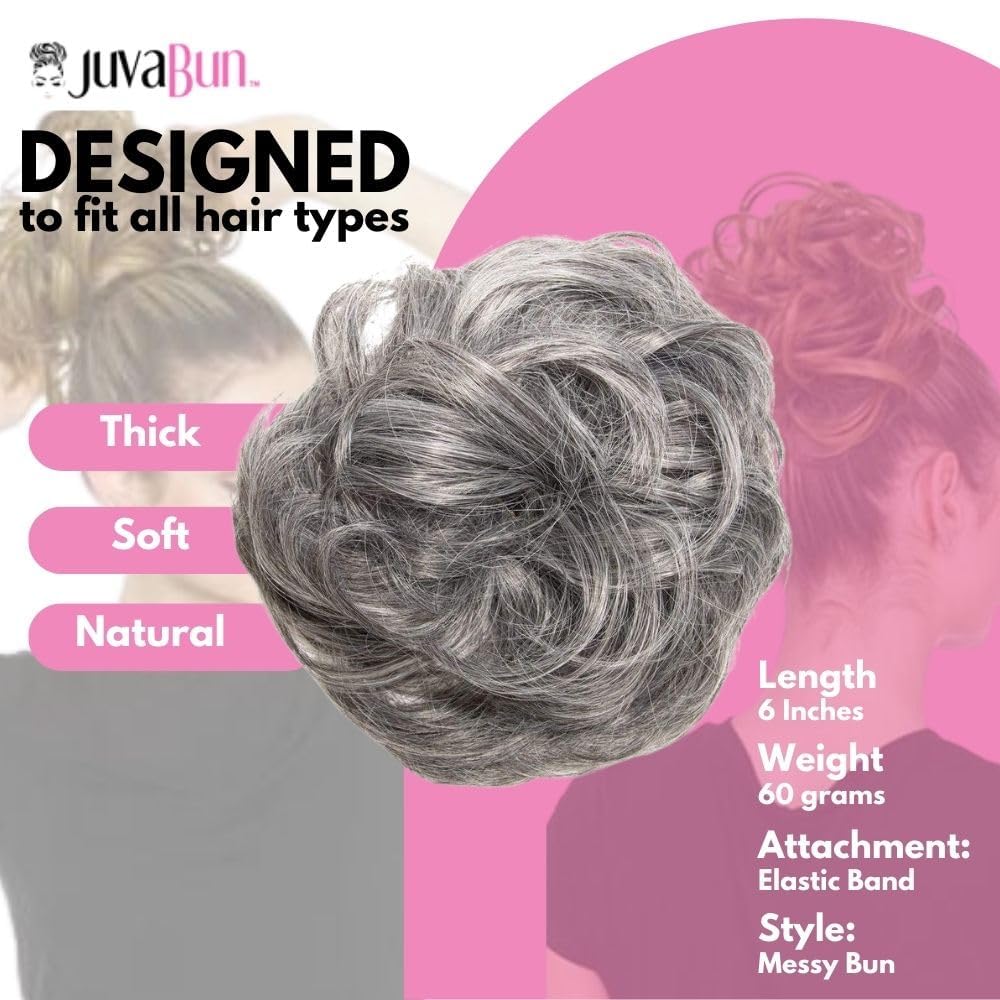Juvabun Messy Bun Hair Piece - Salt & Pepper | Realistic Synthetic Hair Bun Scrunchie for Women & Men | Washable Everyday Wear Hair Accessory | Perfect for Work, Gym & Casual Outings