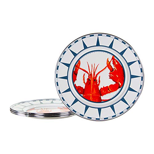 Premium Lobster Enamelware Dinner Plates - Set of 4, 10.5 Inch Rustic Farmhouse Style - Perfect for Seafood Dinners, Outdoor Picnics & Coastal-Themed Table Settings