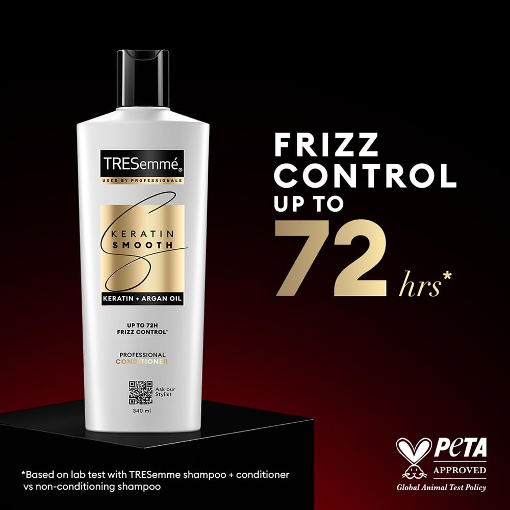 TRESemme Keratin Smooth Conditioner 335ml - Keratin & Moroccan Argan Oil Formula for Smoother, Shinier Hair - Frizz Control & Nourishment Lasts 72 Hours - Unisex Hair Care - Perfect for Daily Use, Salon-Quality Results at Home