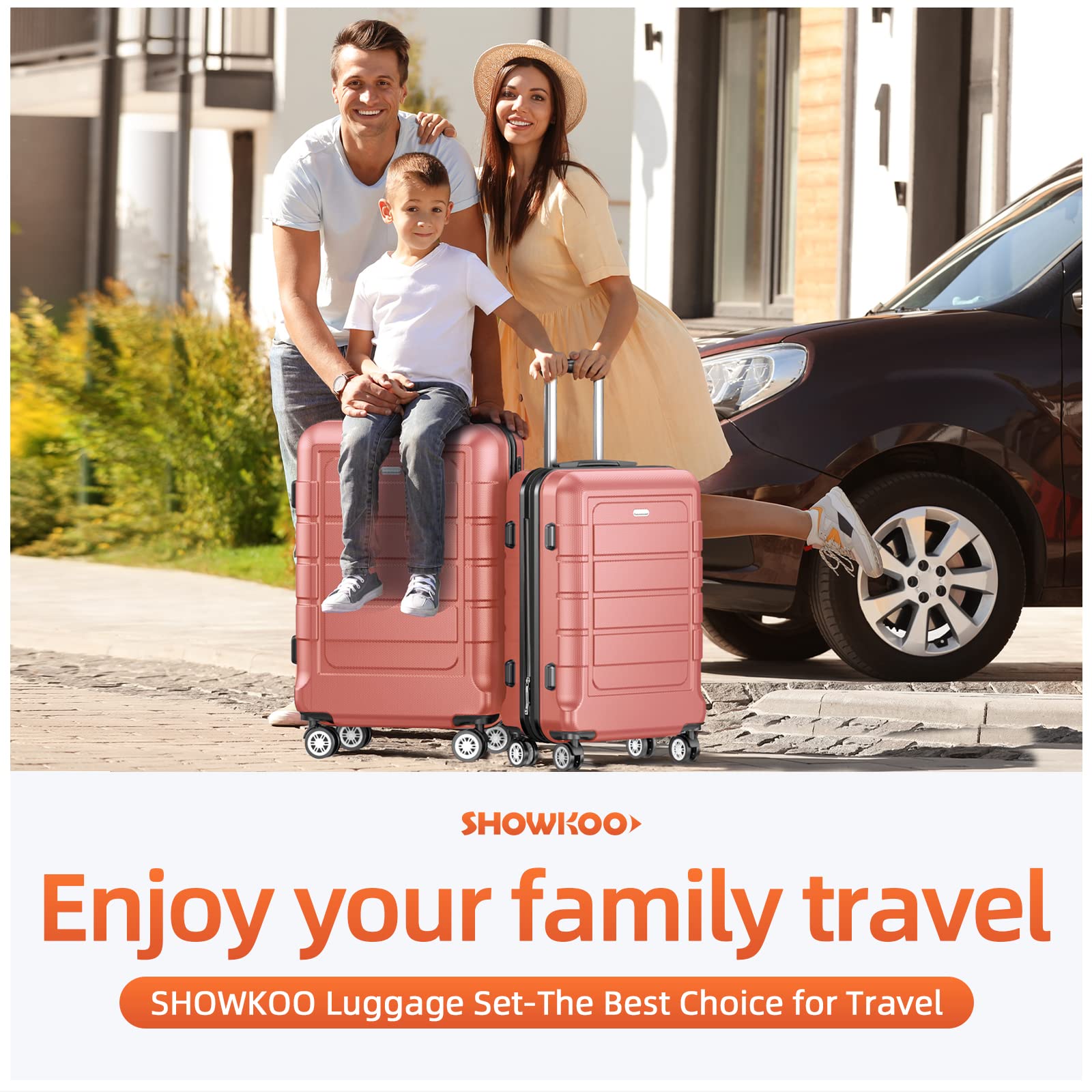 SHOWKOO Expandable 3-Piece Luggage Set with TSA Lock, Durable PC+ABS Suitcases, Double Spinner Wheels - Rose Gold | Perfect for Travel, Business Trips & Vacations