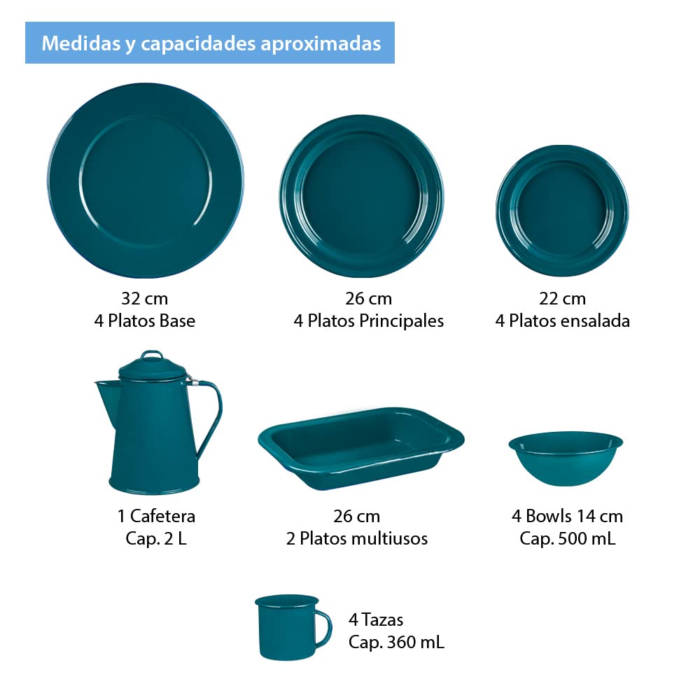 Cinsa 23-Piece Enameled Dinnerware Set for 4 - Camping & Outdoor Plates, Bowls, Mugs & Coffee Boiler - Durable, Easy Clean, Fire-Resistant Green Tableware - Perfect for Picnics, RV Trips & Backpacking Adventures