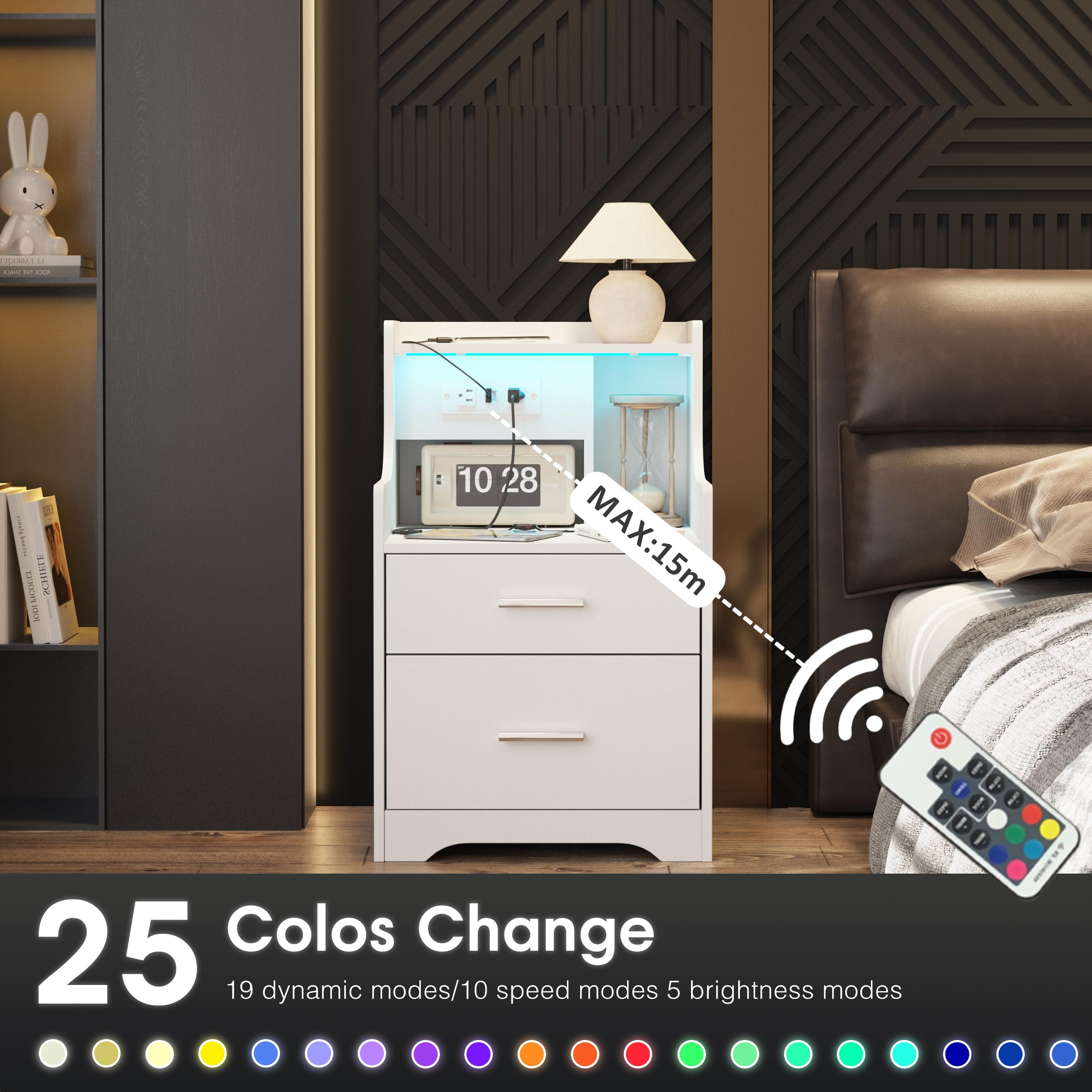 White Nightstand with Charging Station & LED Lights - 2 Drawers Bedside Table for Kids Bedroom & Living Room - Perfect for Toddlers' Bedside Storage