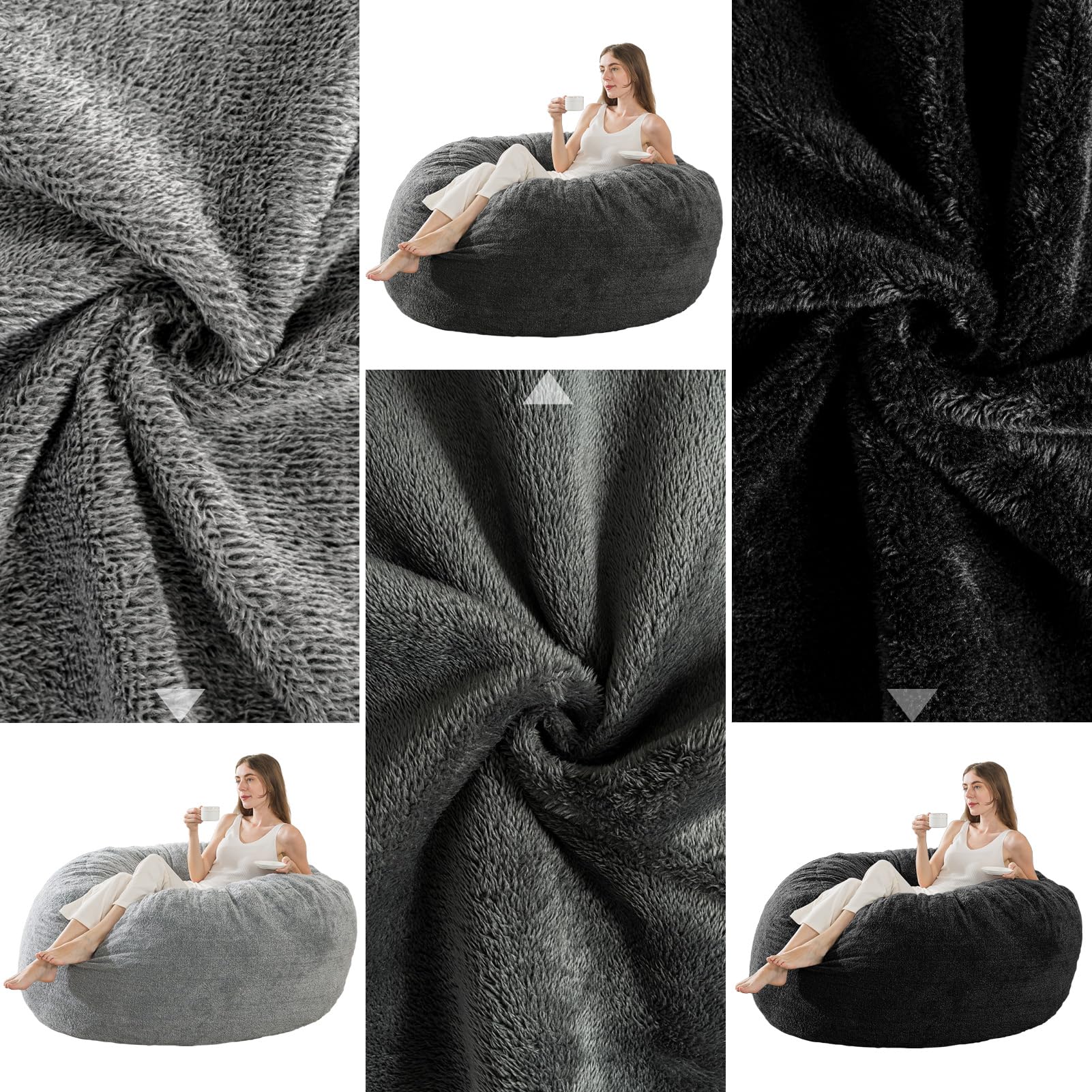3 ft Sherpa Bean Bag Chair with Filling - Ultra Soft Faux Fur & Memory Foam for Adults & Kids | Dark Gray | Perfect for Living Room, Bedroom & Game Room Lounging