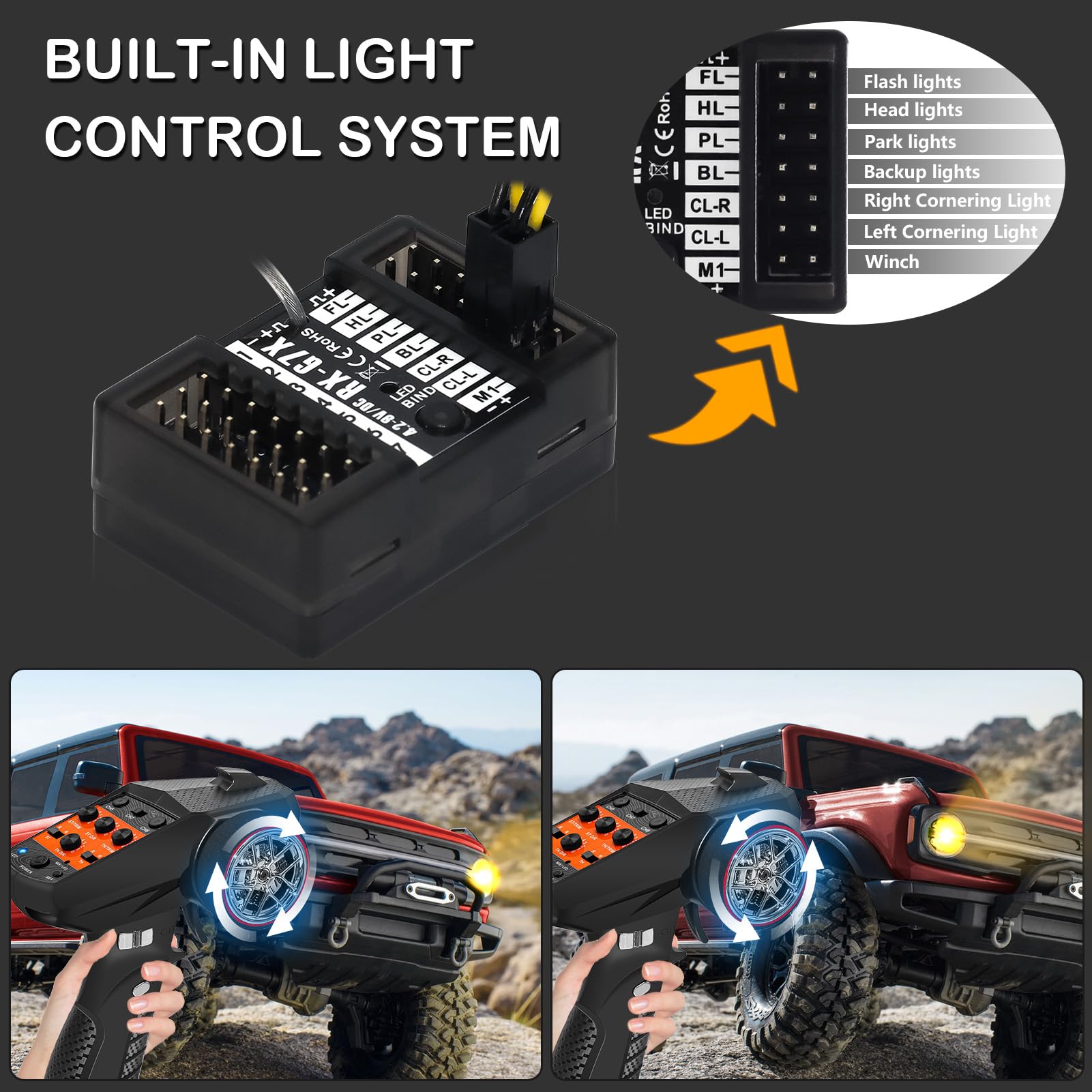 7CH 2.4G RC Transmitter and Receiver System with Anti-Jamming Technology - Remote Controller for RC Cars, Crawlers, Boats - Perfect for Hobbyists and Racing Enthusiasts (Ideal for Off-Road, Crawling and Water Racing Scenarios)