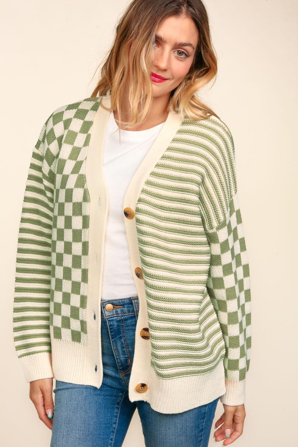 Button Down Checker Stripe Sweater Cardigan for Women - Casual Long Sleeve Open Front Knit Top for Fall & Winter - Perfect for Office, Dates and Layering