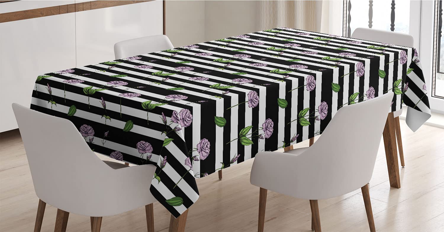 Ambesonne Rose Tablecloth - Pink Rose Flowers on Black & White Striped Background, Elegant Satin Dining Table Cover for Kitchen & Dining Room (60x84 Inches) | Perfect for Dinner Parties, Holiday Gatherings & Home Decor