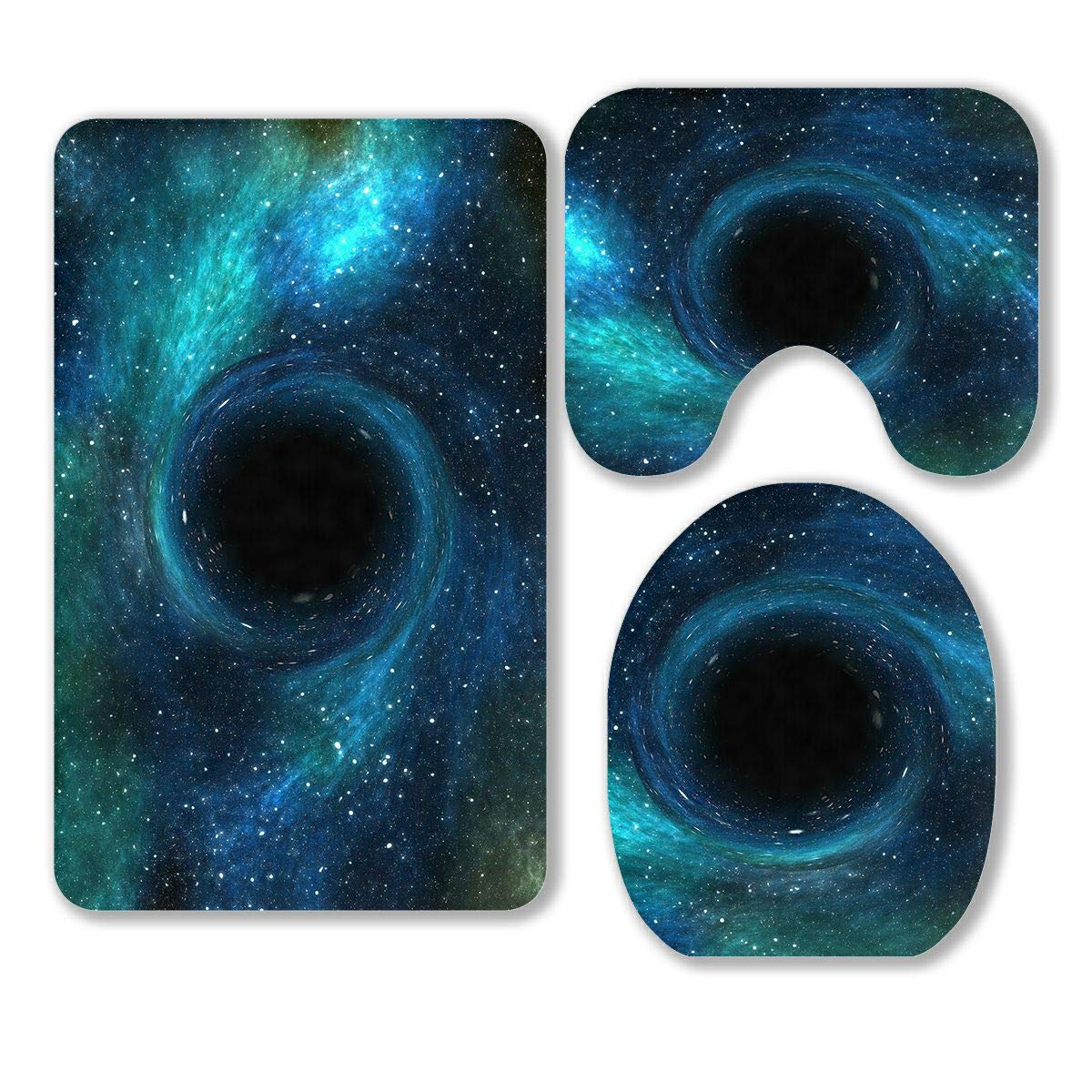 ABPHQTO Black Hole Star Field Outer Space 3-Piece Bathroom Rug Set - Non-Slip Bath Mat, Contour Mat & Toilet Lid Cover - Galaxy Themed Bathroom Decor for Space Lovers