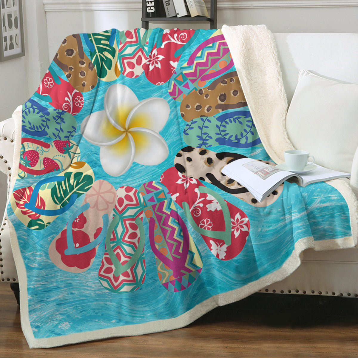 Soft Sherpa Fleece Blanket with Floral Flip Flop Print - Cozy Plush Throw for Bed, Couch & Travel - Perfect for Home Decor, Gifts and Winter Warmth