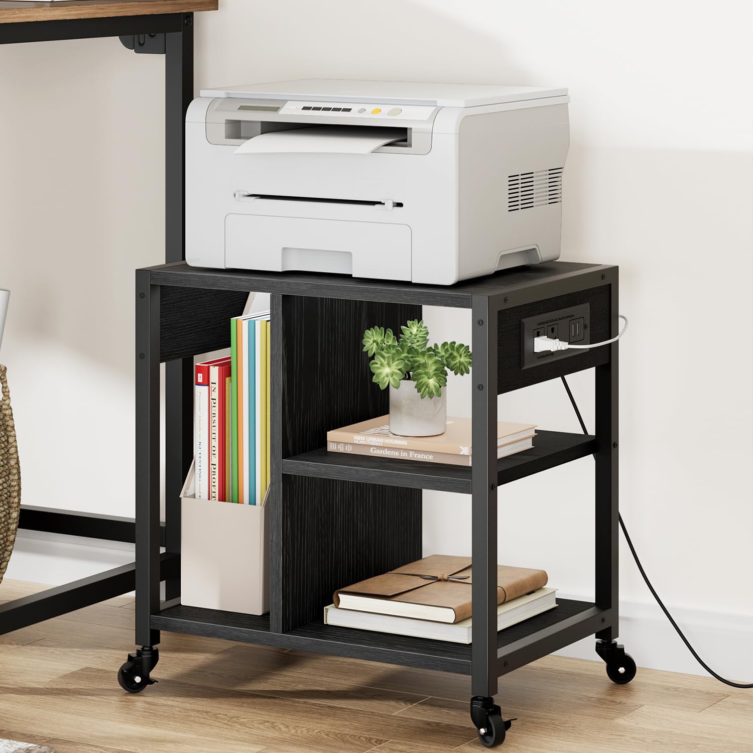 3-Tier Rolling Printer Stand with Power Outlets & USB Ports - Rustic Black Under Desk Printer Table with Storage & Wheels for Home Office Organization | Perfect for Small Spaces & Workspace Efficiency