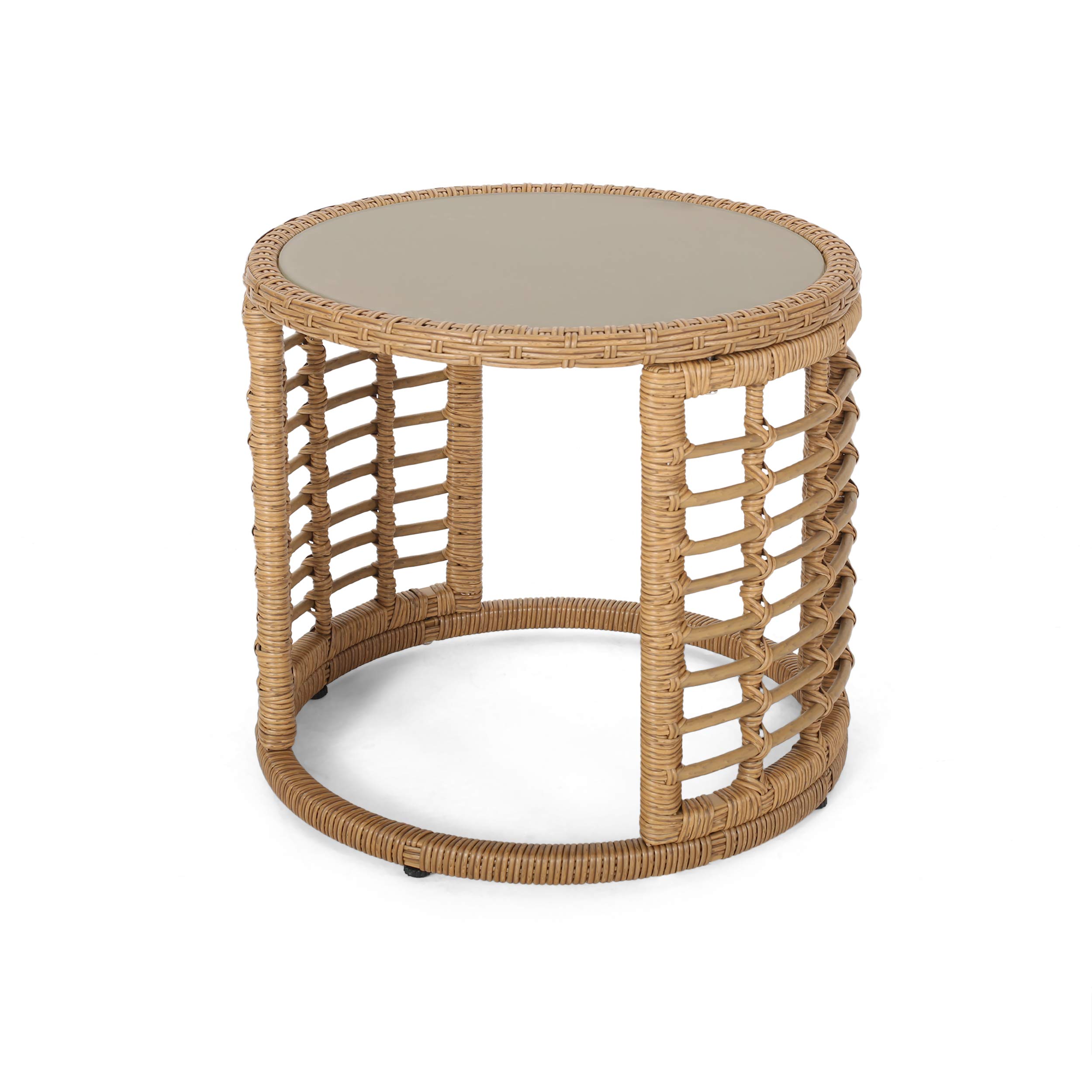 Modern Boho Wicker Side Table with Tempered Glass Top - Light Brown Indoor Furniture for Living Room, Bedroom & Patio Decor
