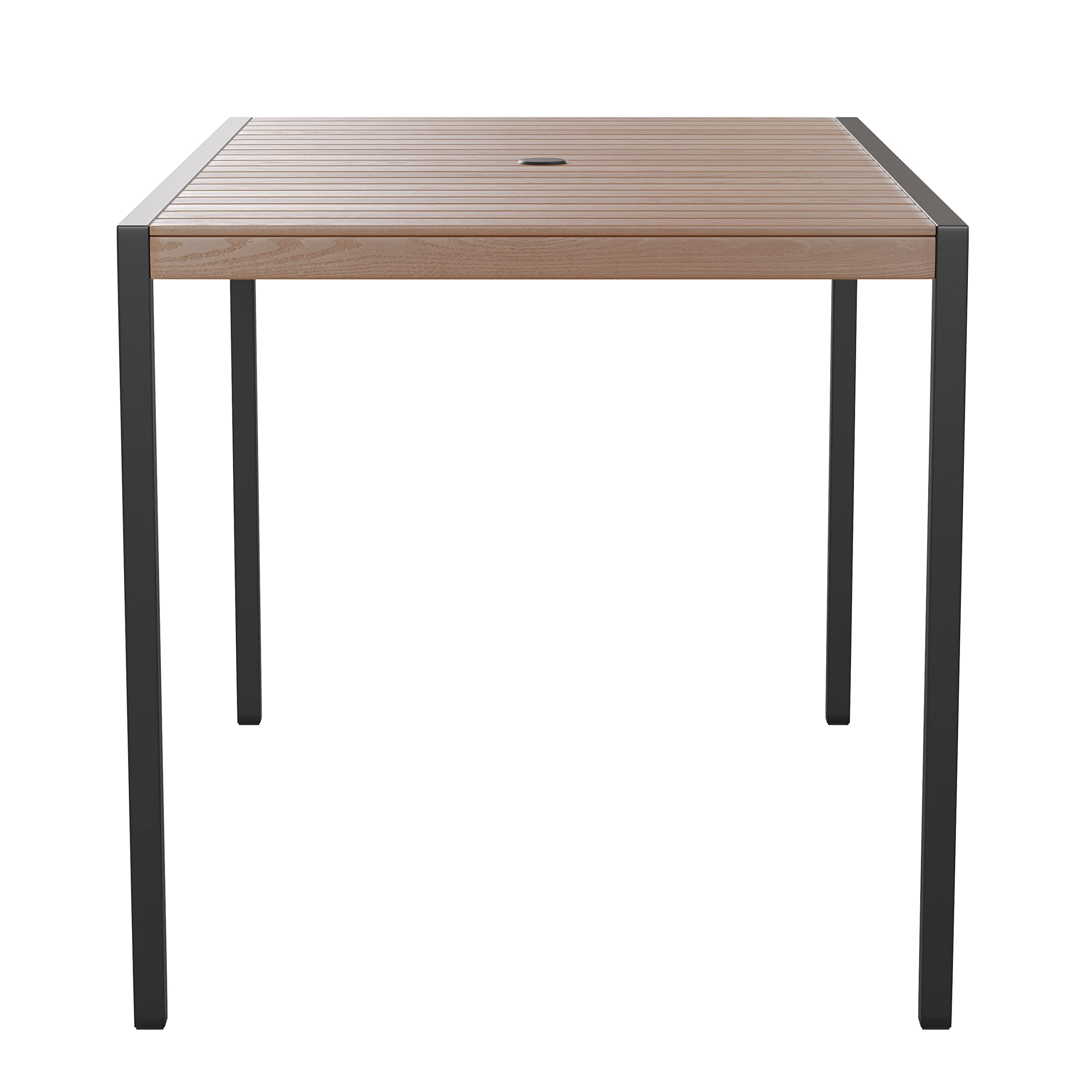 EMMA + OLIVER 30x48 Inch Outdoor Steel Dining Table with Umbrella Hole - Weather-Resistant Faux Teak Poly Slatted Top & Black Frame - Patio Furniture for 4 Adults - Perfect for Backyard, Deck, Poolside Dining