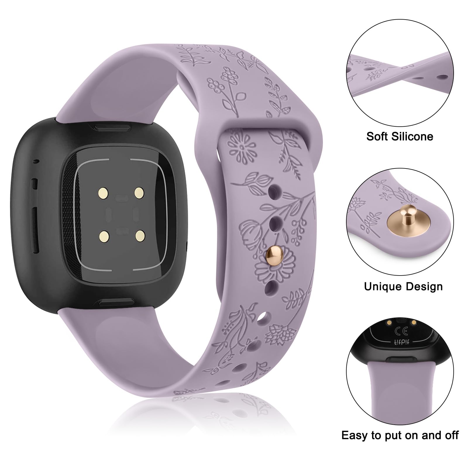 Vancle Floral Engraved Silicone Replacement Band for Fitbit Versa 4/3 & Sense 2/Sense - Soft Comfortable Strap for Women & Men - Perfect for Workouts, Daily Wear & Smartwatch Accessorizing
