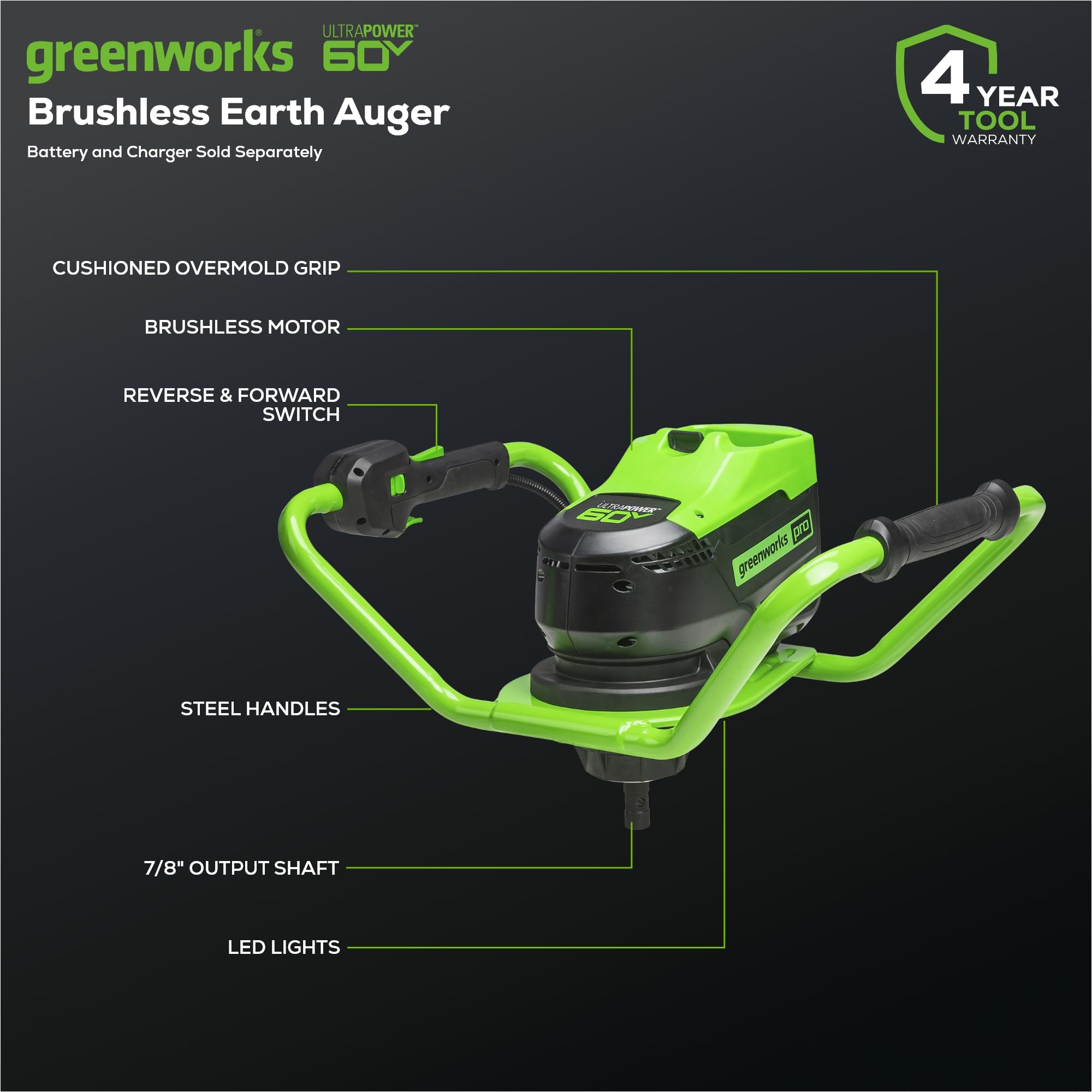 Greenworks Pro 60V Brushless Earth Auger - Powerful Post Hole Digger for Fencing, Gardening, Landscaping & Tree Planting | Compatible with Auger Bits (Battery & Charger Sold Separately) | Ideal for DIY Projects, Farm Work & Professional Landscaping