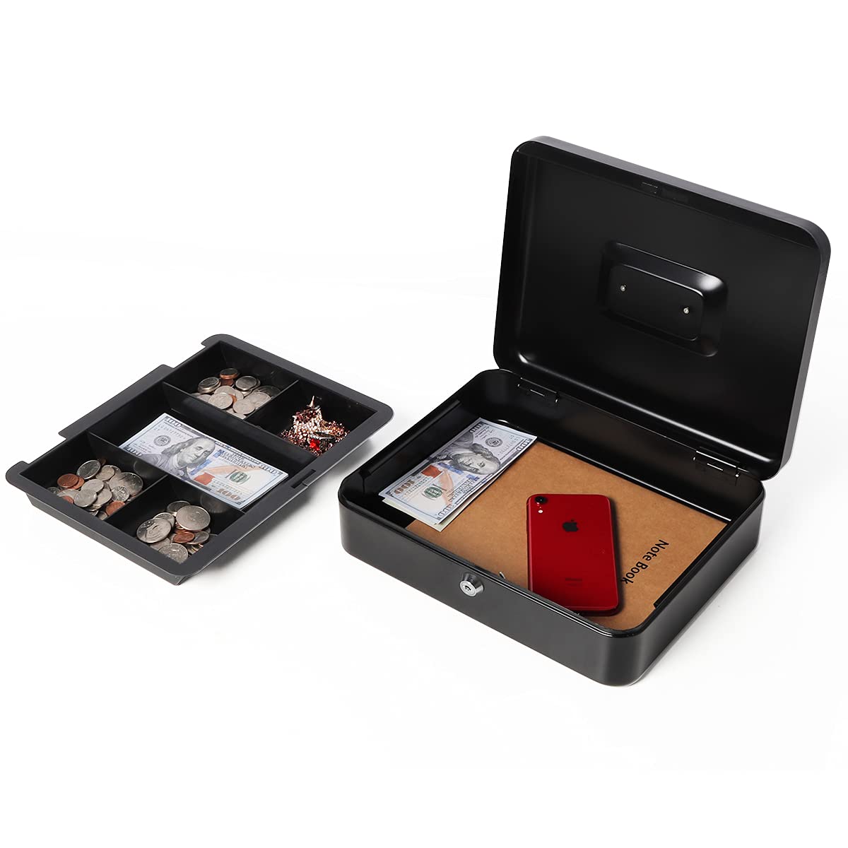 Large Cash Box with Money Tray & Key Lock - 11.8