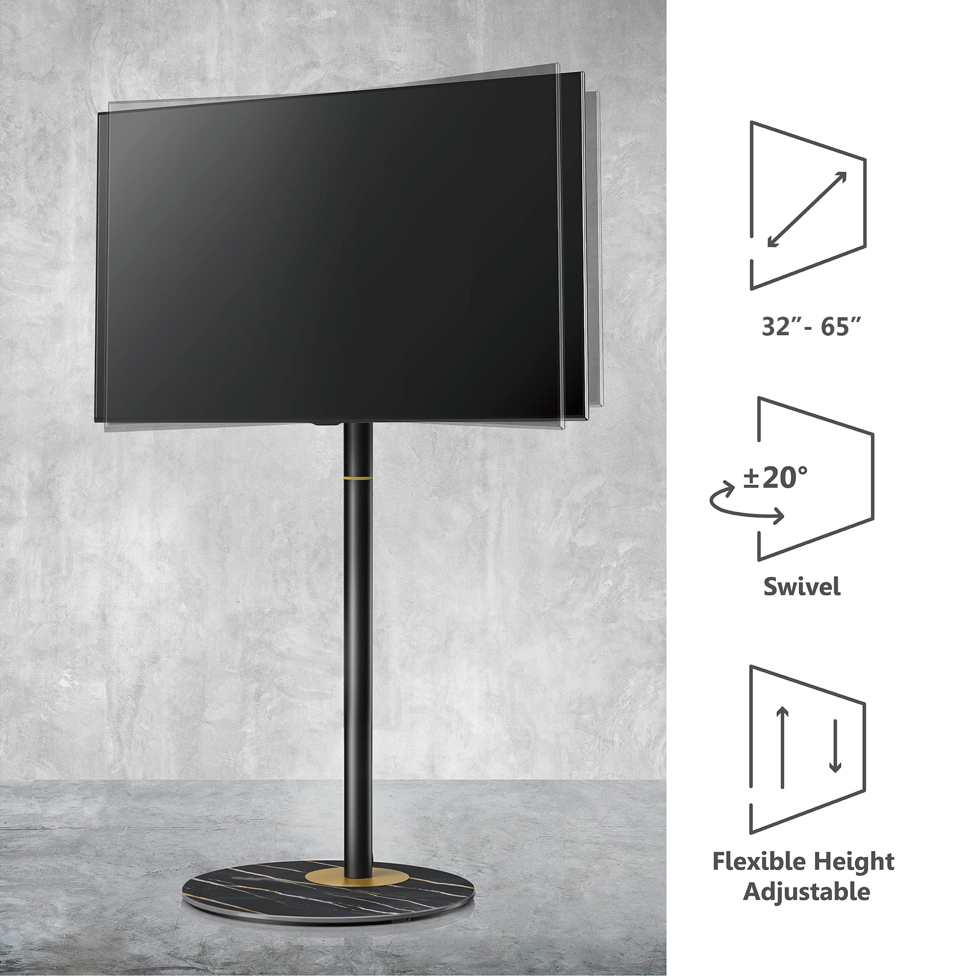 FITUEYES Mid Century Modern Black TV Stand for 37-65 Inch TVs - Marble Textured Glass Base & Concealed Storage Metal TV Stand - Living Room Entertainment Center for Home Theater Setup