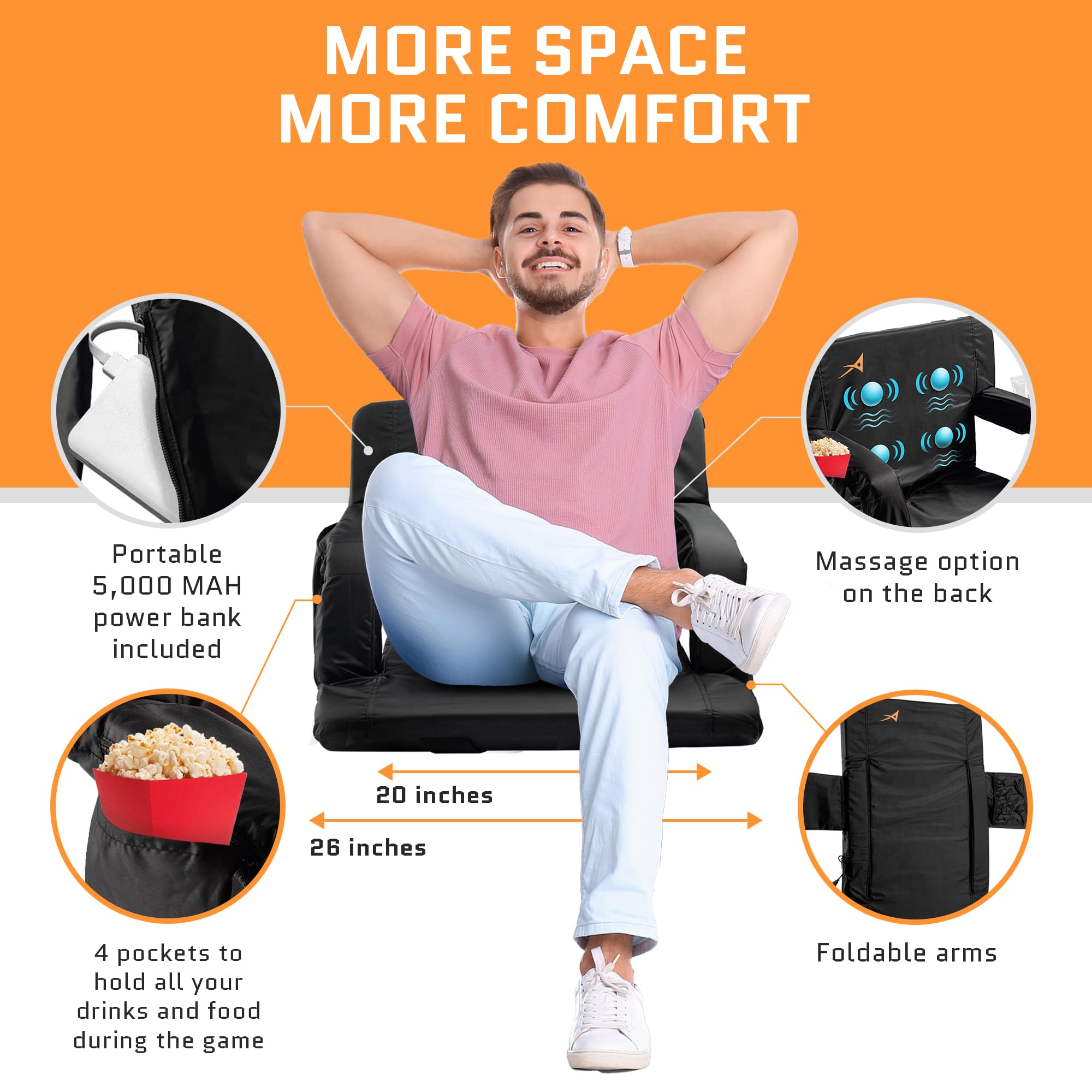 Upgraded Massage Bleacher Seat with Backrest - 3-Level Adjustable Massage, Memory Foam Cushion & 4 Storage Pockets - Includes USB Battery - Perfect for Stadiums, Bleachers, Outdoor Sports & Picnics