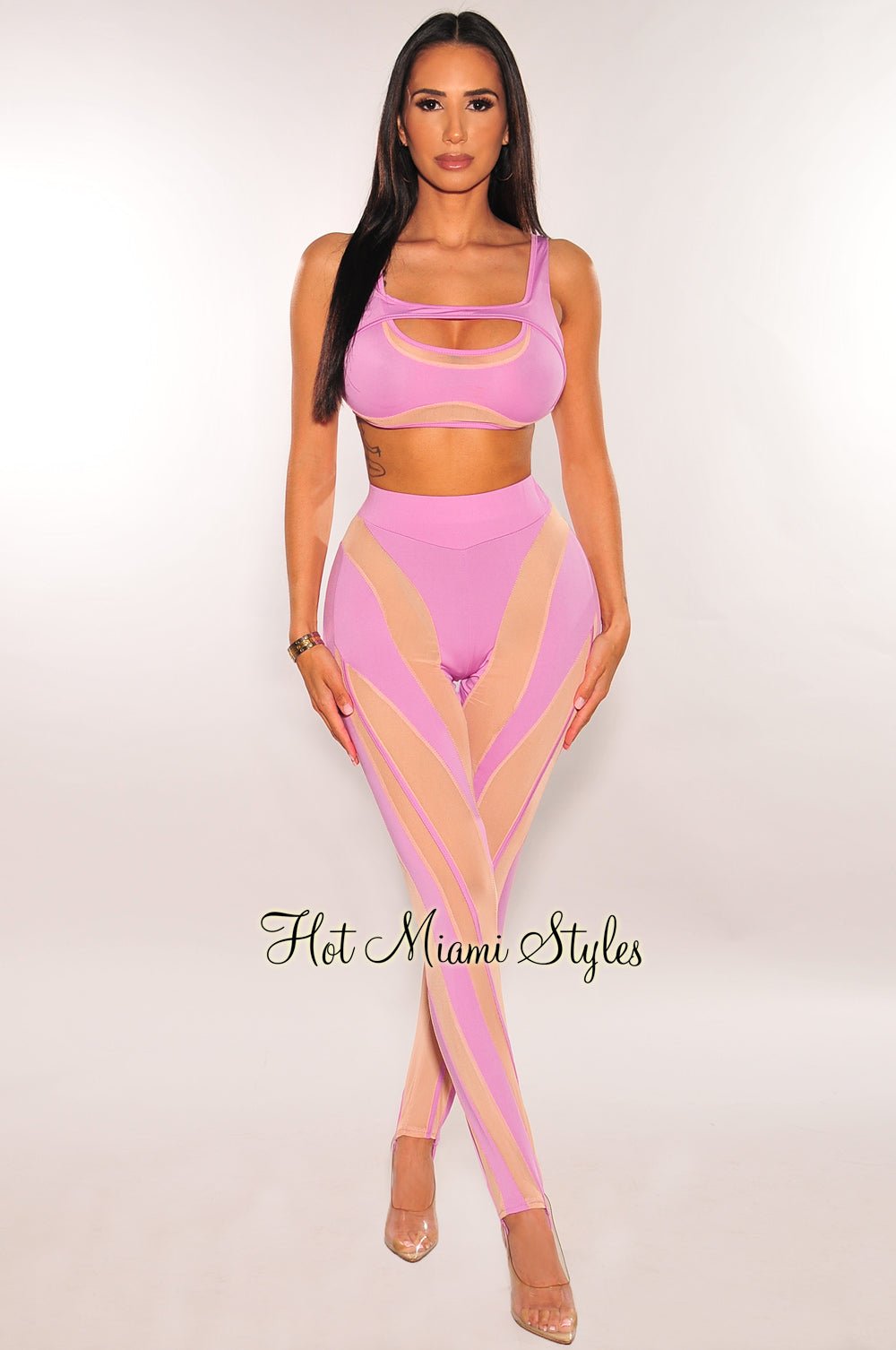 Violet Nude Illusion Sleeveless Stirrup Pants Two Piece Set - Sexy Women's Fashion Outfit for Club, Party & Date Night