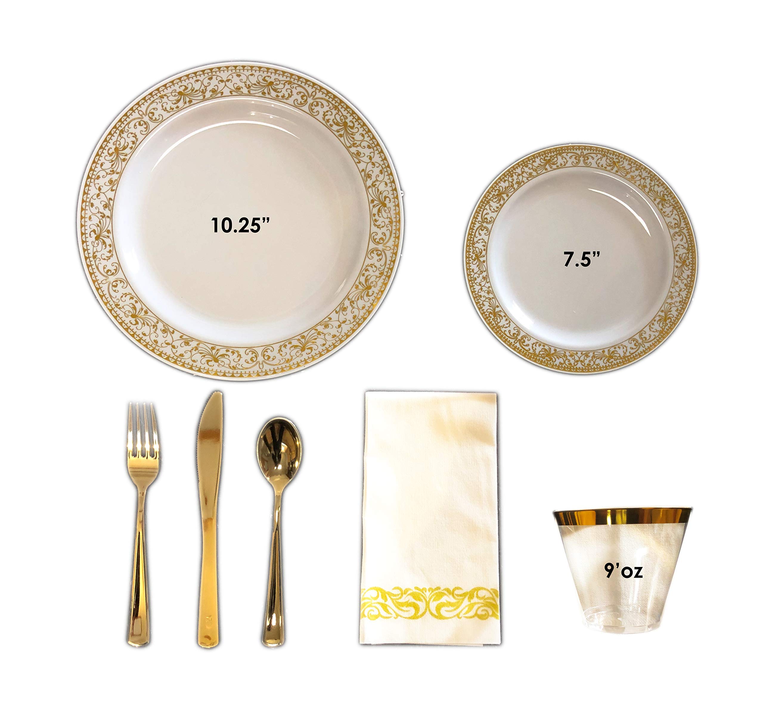 175-Piece Gold Plastic Disposable Dinnerware Set - 25 Dinner Plates, 25 Dessert Plates, 25 Forks, 25 Knives, 25 Spoons, 25 Cups & 25 Napkins with Gold Rim - Perfect for Parties, Weddings, and Special Events