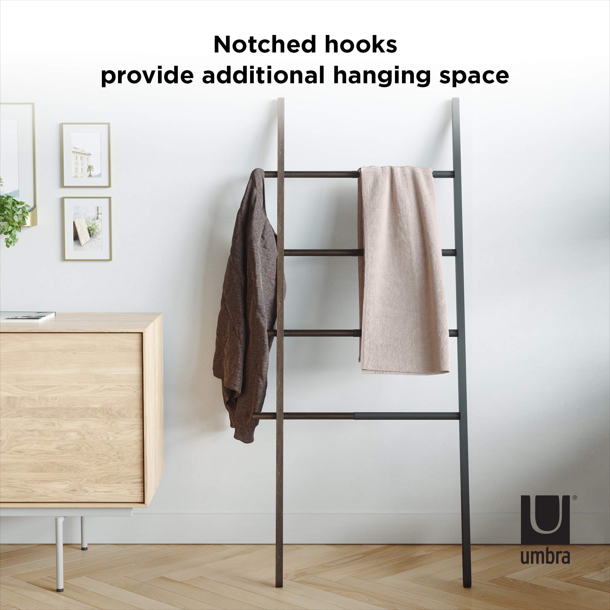 Umbra Hub Ladder - Expandable Freestanding Clothing Rack, Bathroom Towel Holder & Clothes Organizer in Black/Walnut - Perfect for Bedroom, Laundry Room & Small Space Organization