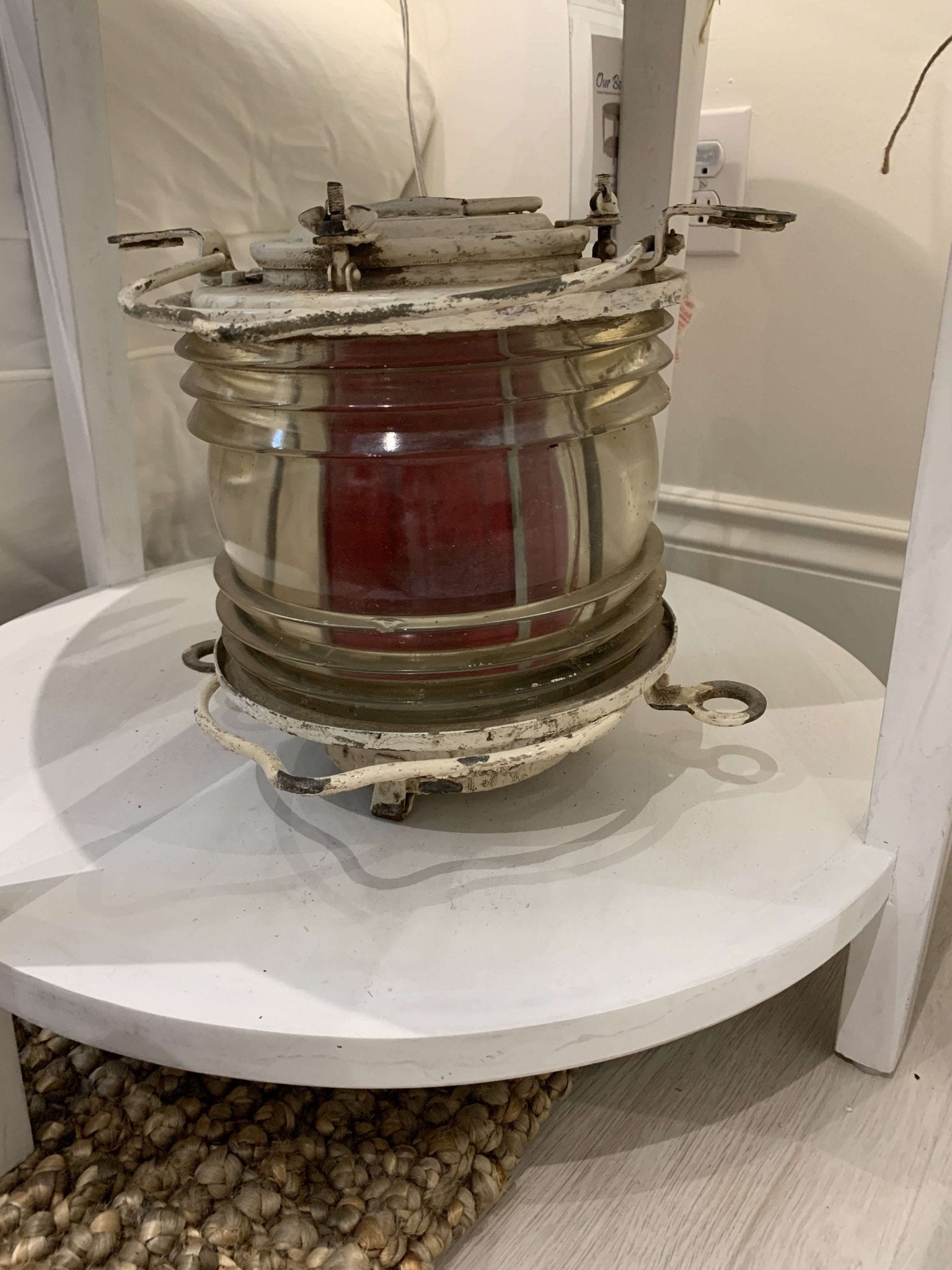 Vintage Weathered White 360° Outdoor Lantern with Red Glass Lens - Perfect for Patio, Garden, and Porch Decor