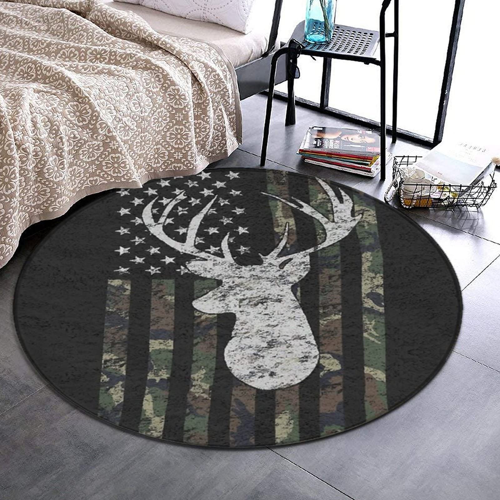 SWEET TANG Soft Round Area Rug Play Mat - 24 Inch Circle Floor Carpet for Bedroom, Living Room & Nursery Decor | Deer Camo Camouflage American Flag Hunting Design - Perfect for Kids Play Area, Home Decor & Cozy Spaces