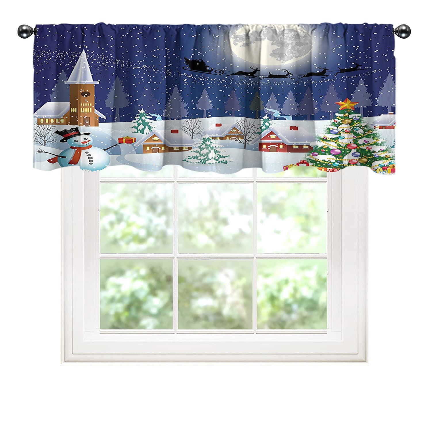 Christmas Window Valances - Festive Holiday Decor Short Curtains for Kitchen, Bedroom & Bathroom - Winter Snowman, Xmas Tree & Santa Print Thermal Insulated Small Curtains 42