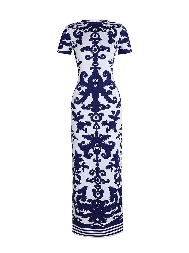 Elegant Blue and White Porcelain Print Women's Sexy Bandage Dress - Short Sleeve Tight Bodycon Party Dress for Celebrity Events, Night Out, Club Wear & Special Occasions