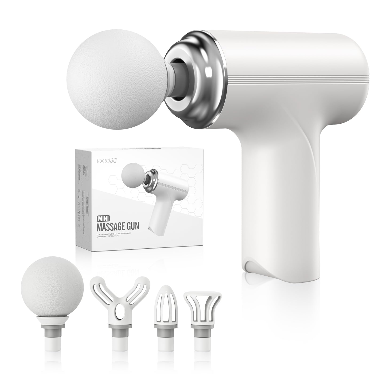 Deep Tissue Massage Gun - Portable Percussion Muscle Massager with 6 Speed Levels & 4 Interchangeable Heads - Mini Massage Device for Back, Neck, Shoulder Pain Relief - Perfect for Post-Workout Recovery & Home Therapy (White)