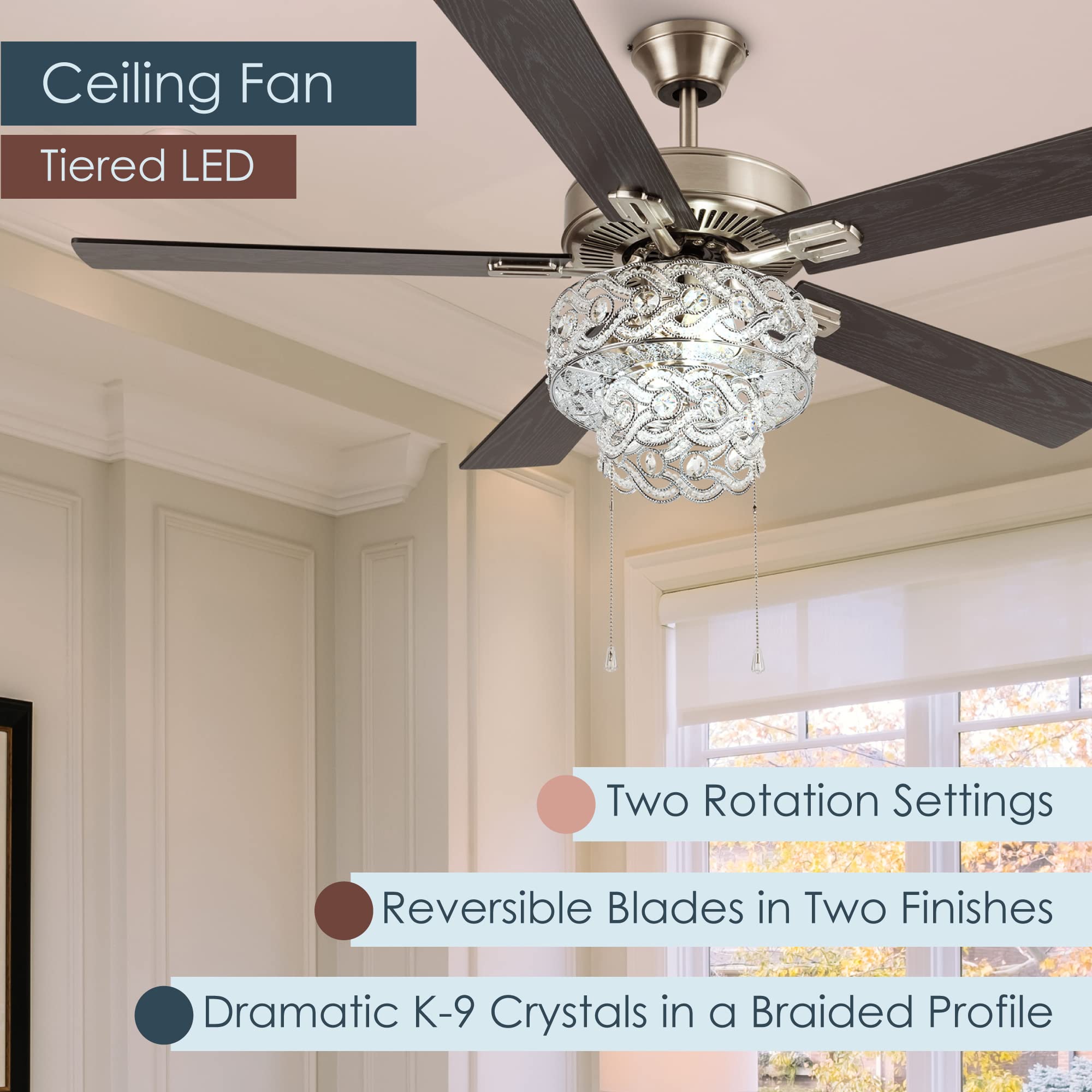 52 Inch Tiered LED Crystal Ceiling Fan with Lights - Elegant Glam Chandelier Fan for Dining Room & Living Room Decor - Remote Control, Energy Efficient, Quiet Operation - Perfect for Home, Bedroom, and Office Lighting